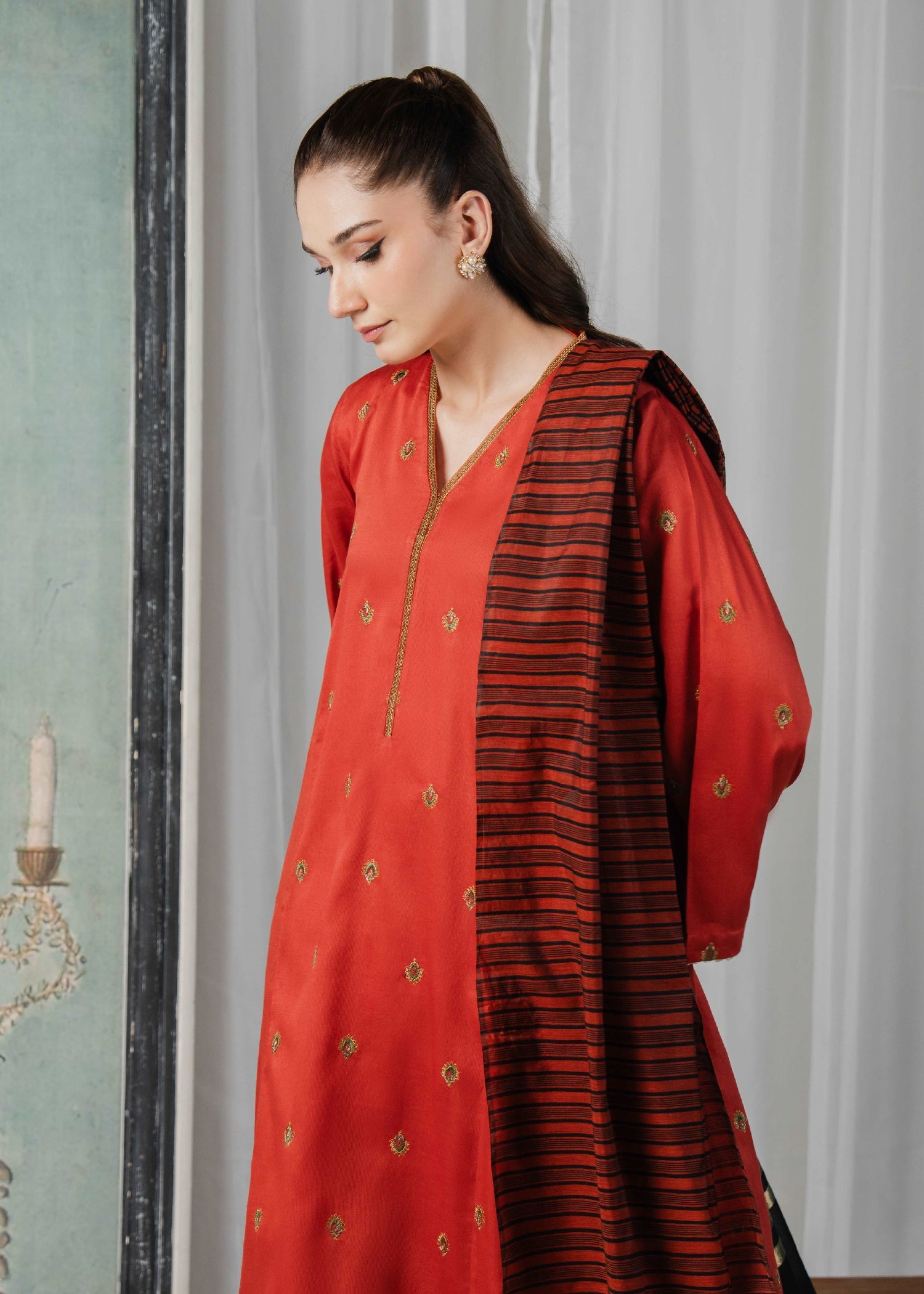 Buzzazi Rust Embroidered Suit Women 3pcs