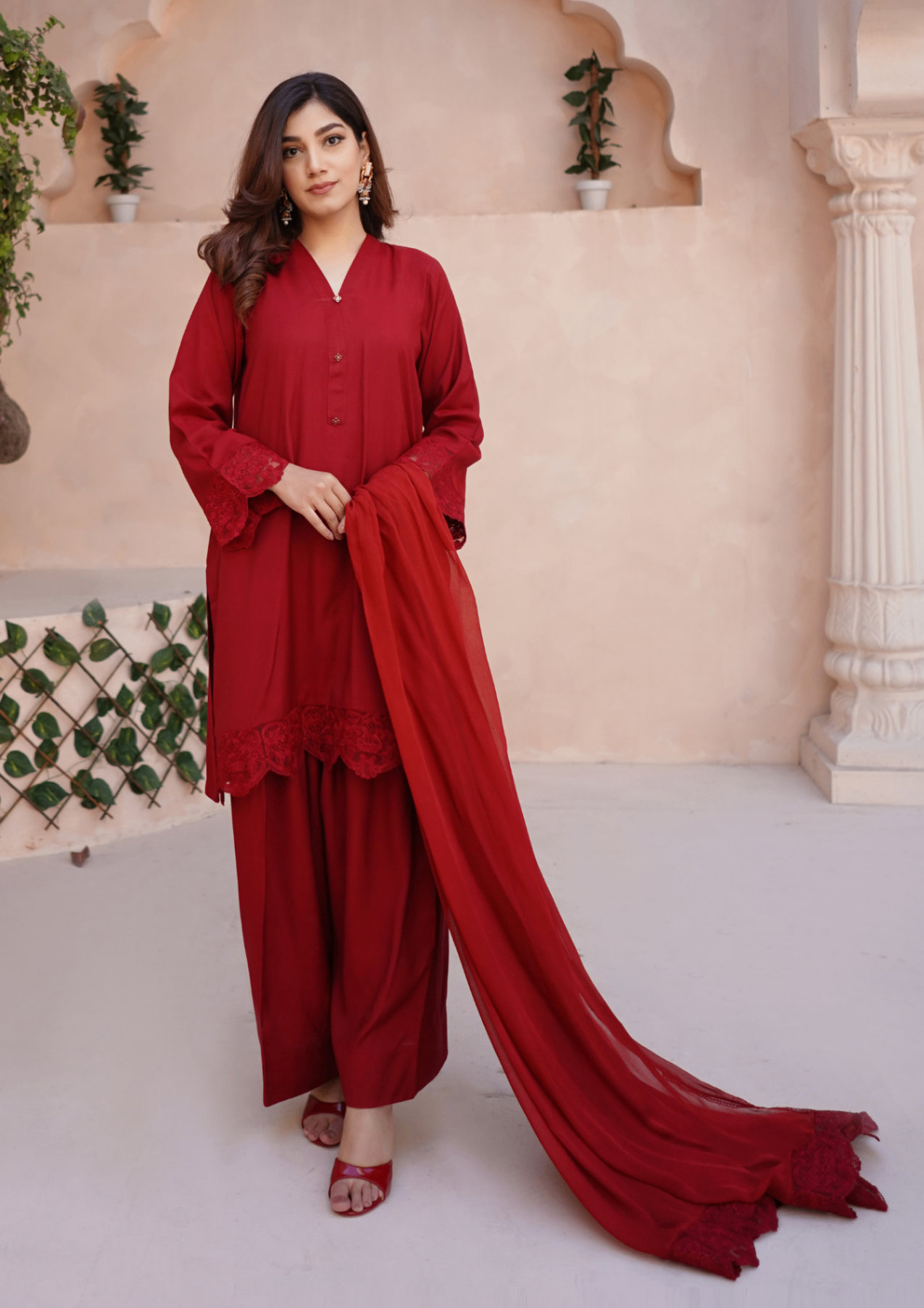 Yolo Pret Red Raw Silk Embroidered with Farshi Shalwar & Chiffon Dupatta JASHAN S25 003441 Women 3pcs
