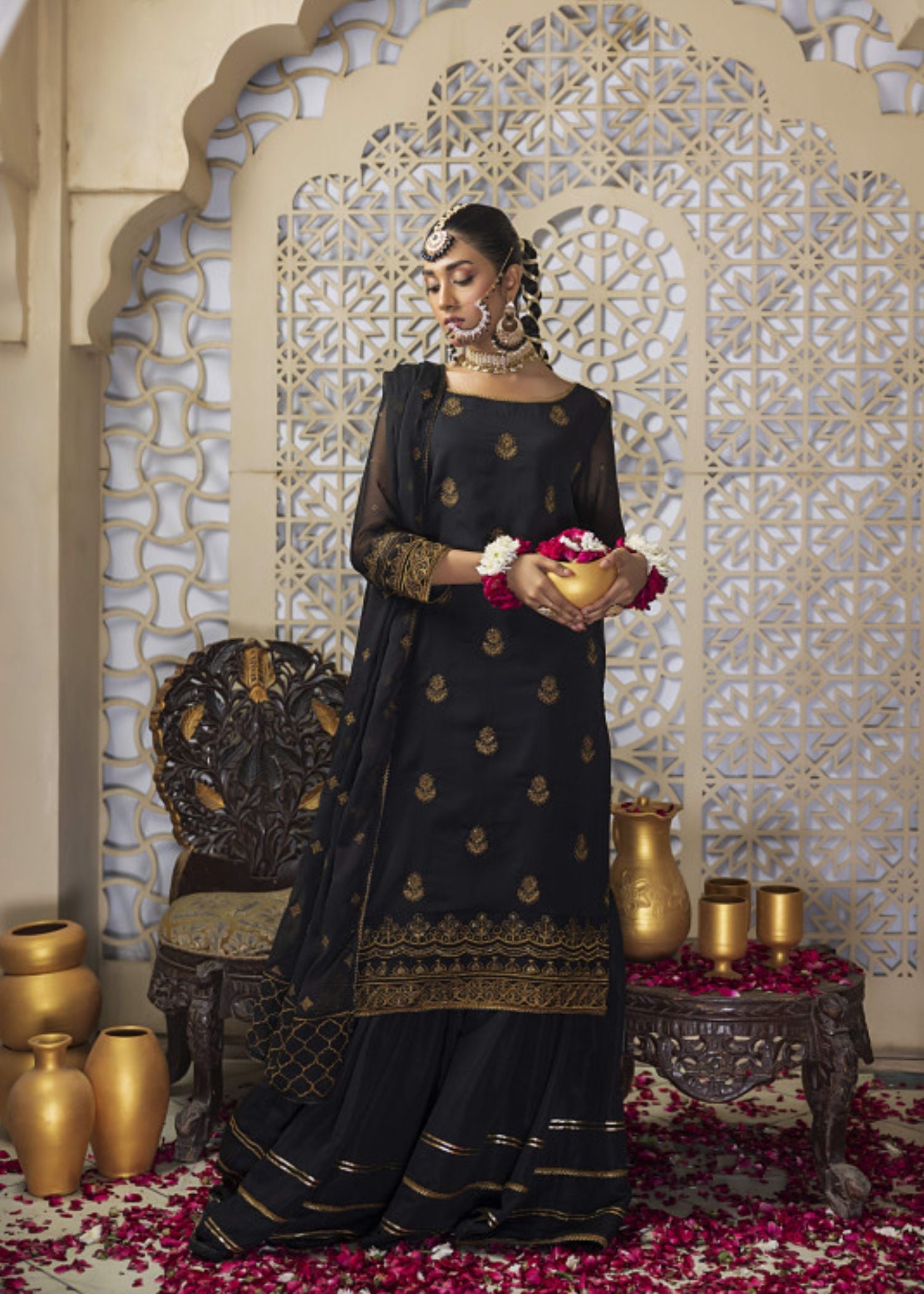 Meeraki Black Nawabi Gharara Women 3pcs