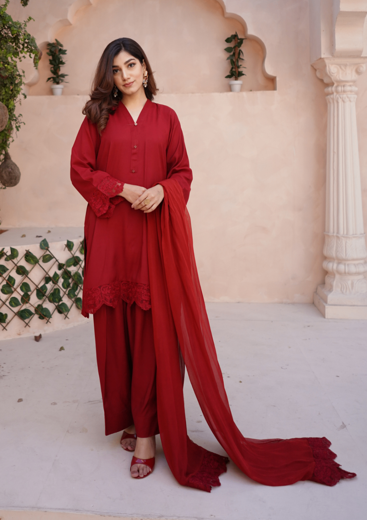 Yolo Pret Red Raw Silk Embroidered with Farshi Shalwar & Chiffon Dupatta JASHAN S25 003441 Women 3pcs