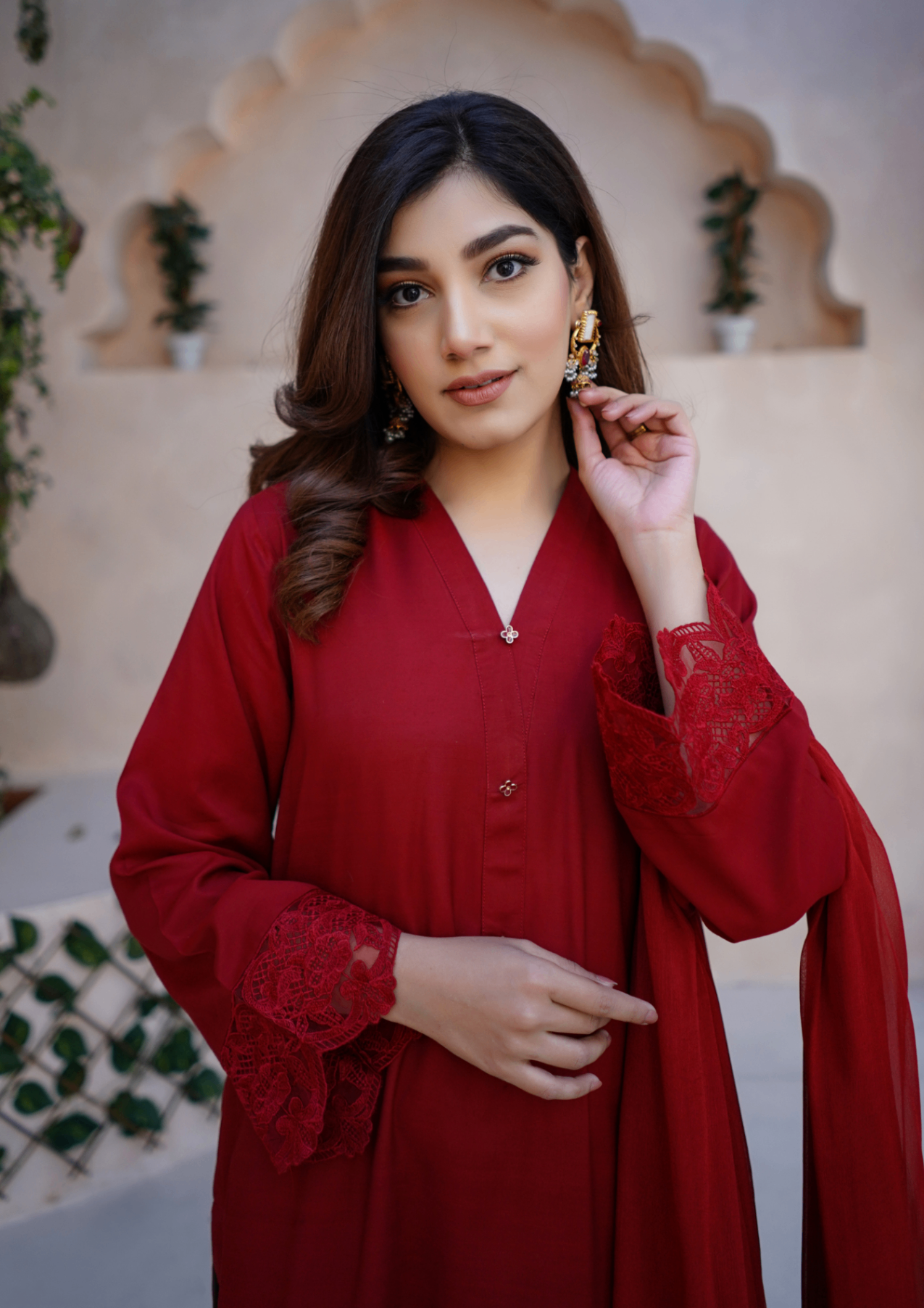 Yolo Pret Red Raw Silk Embroidered with Farshi Shalwar & Chiffon Dupatta JASHAN S25 003441 Women 3pcs