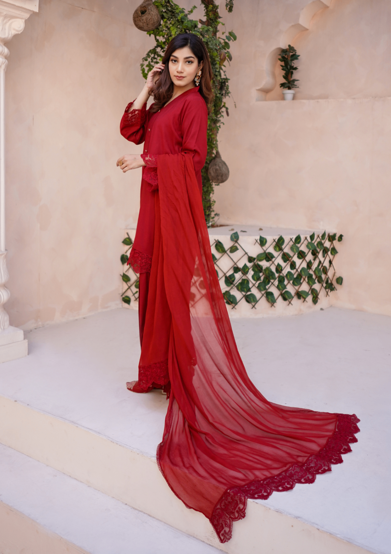 Yolo Pret Red Raw Silk Embroidered with Farshi Shalwar & Chiffon Dupatta JASHAN S25 003441 Women 3pcs