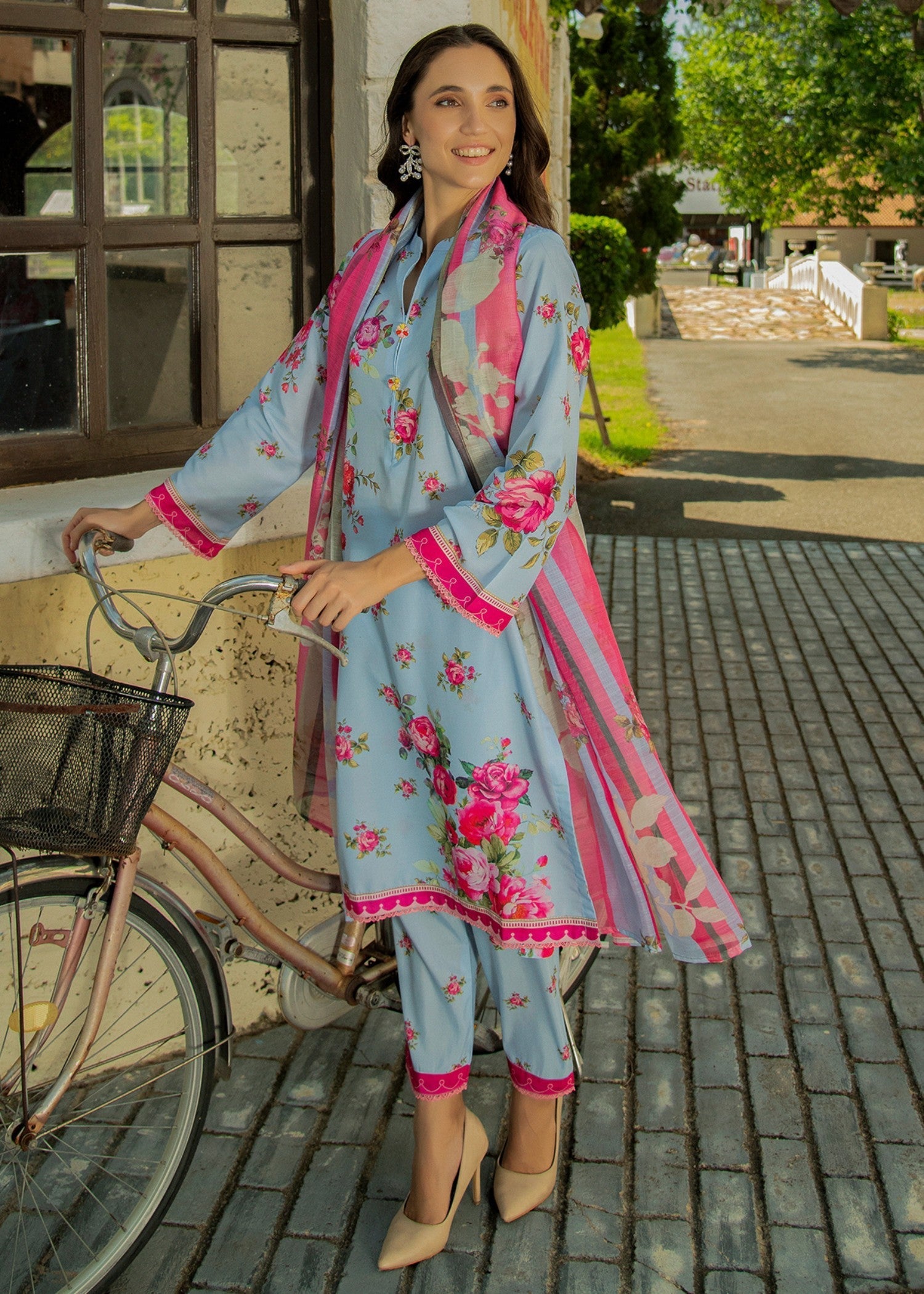 By-East Lawn Suit Printed (Sky Blue) Women 3pcs