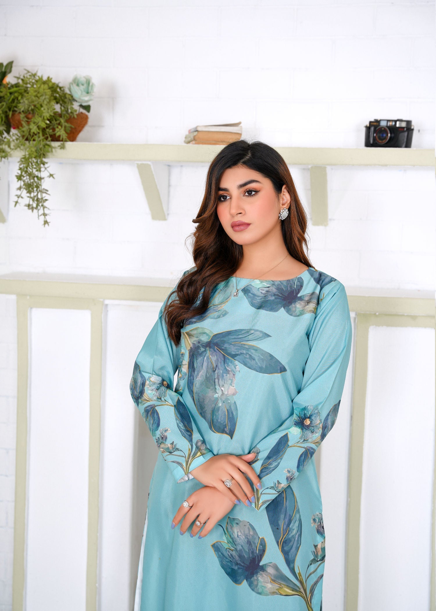 Athena Apparels Jada: Pacific Blue Color Long Shirt With A Touch Of Flower 387 Women 1pcs