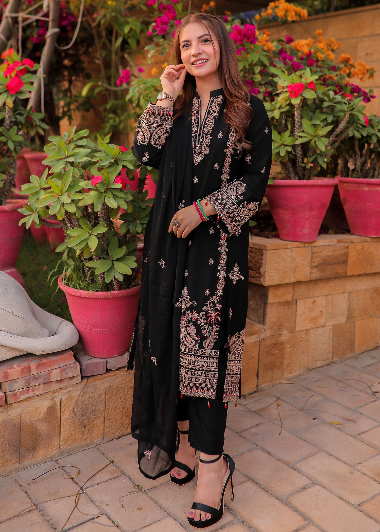 Merakish Rich Black embroidered chiffon unstitched Suit Women 3pcs