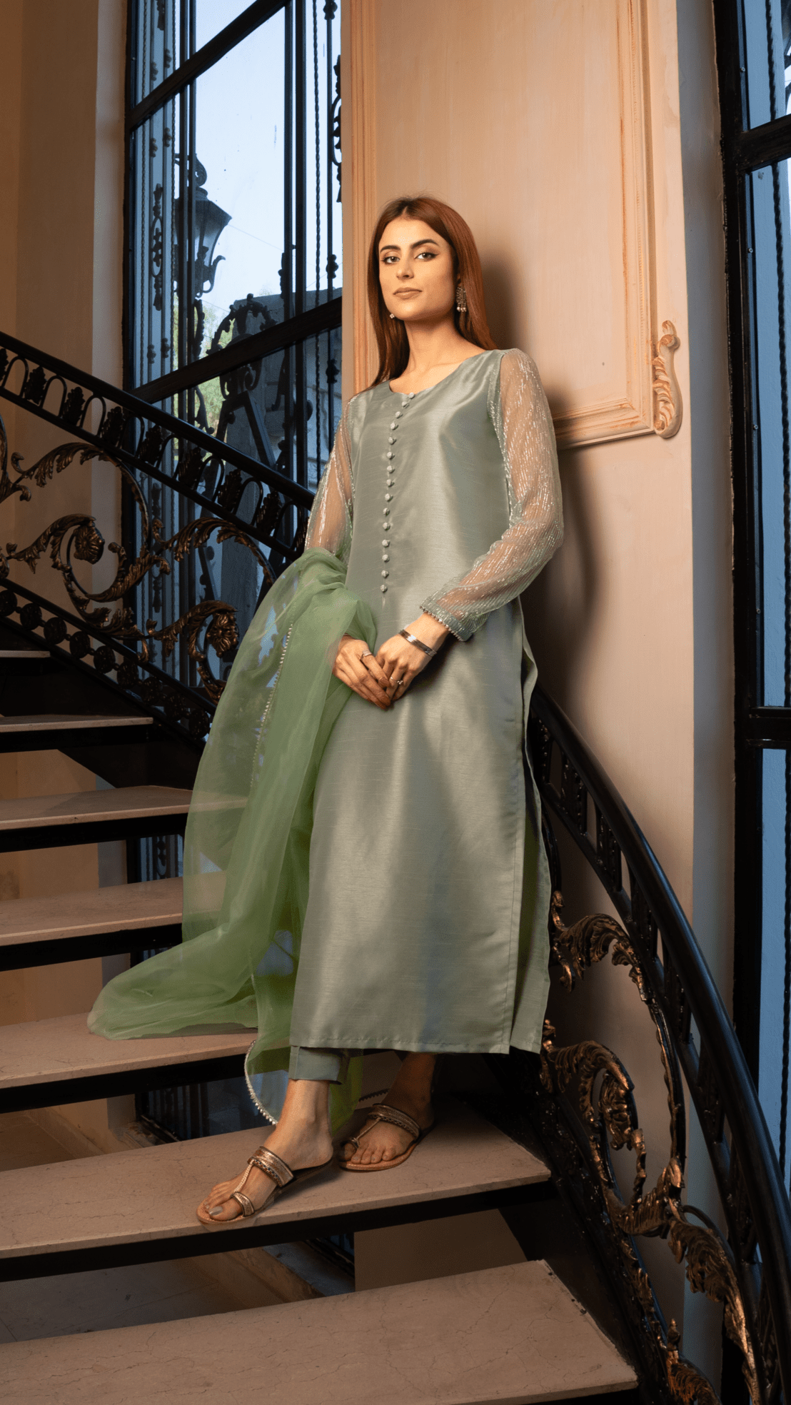 Naaz Couture Pistachio Green Raw Silk Suit Women 3pcs