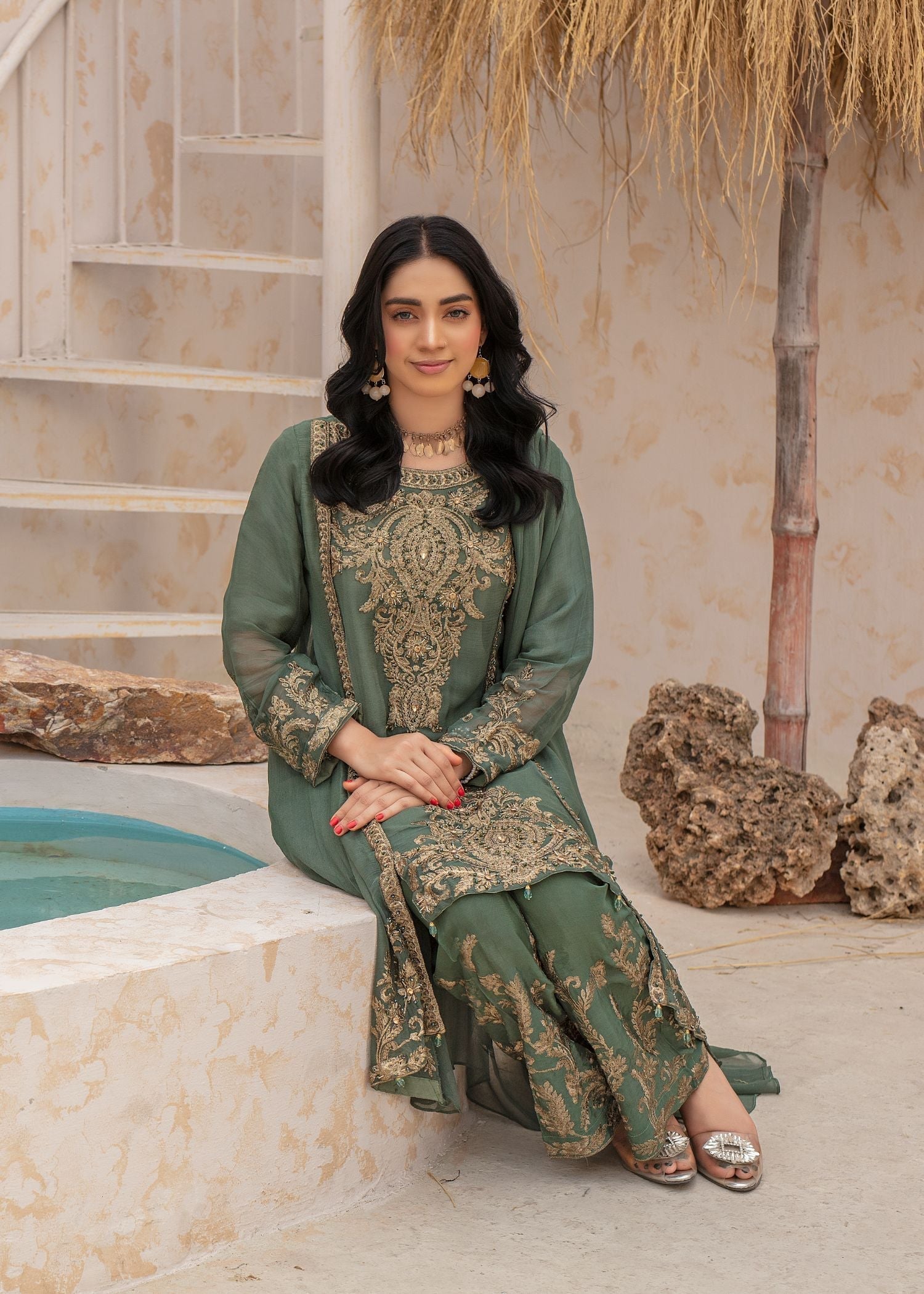 Pehnawa By Bin Akram’s TAIL TRESSURE GRN CHIFFON Women 3pcs