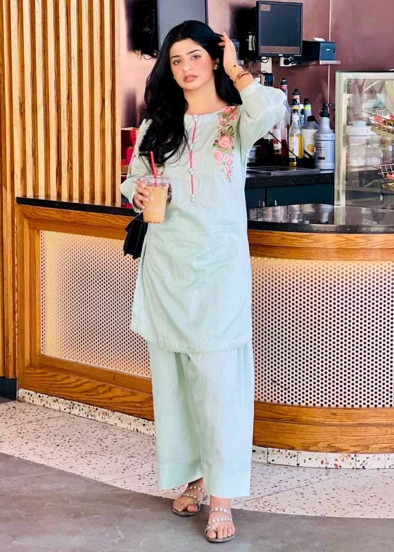 Haya'S Creation Embroidered Pistachio Green Doria Lawn Dress with Farshi Shalwar Women 2pcs