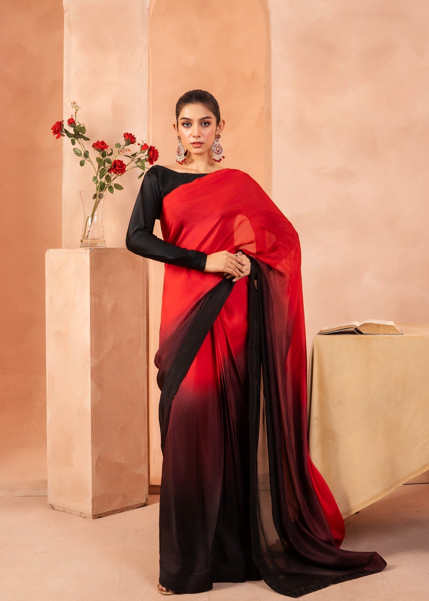 Tonics Clothing Ombre saree | Deep red to Black Women 3pcs