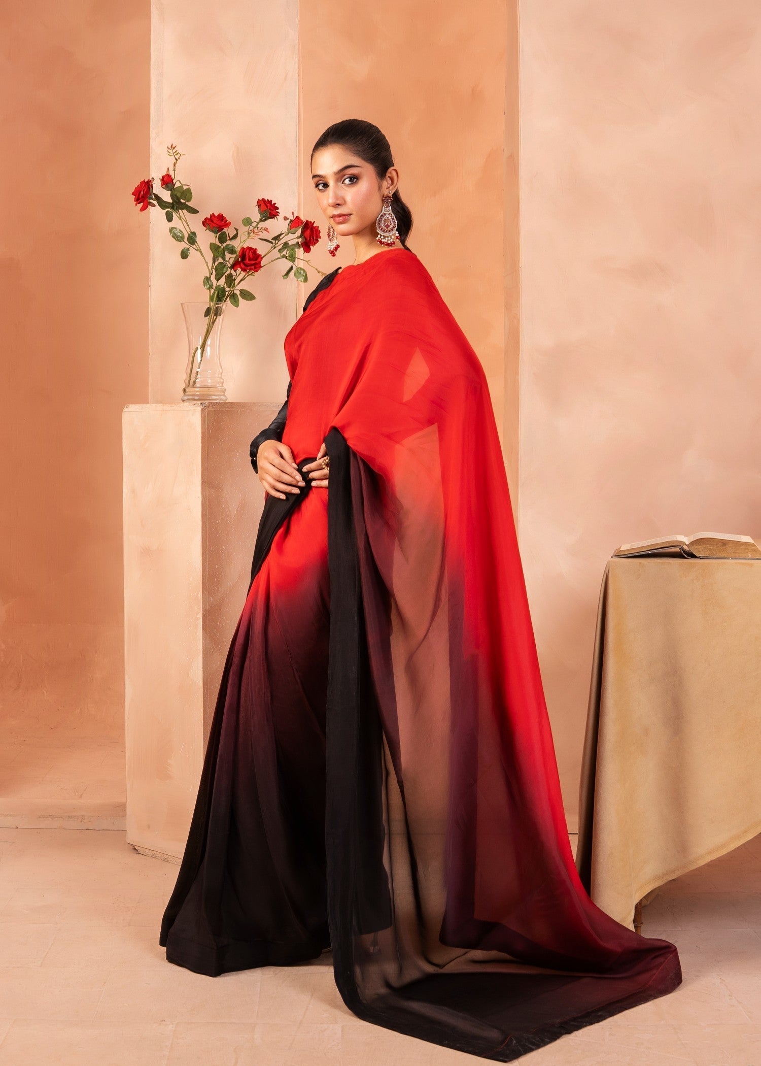 Tonics Clothing Ombre saree | Deep red to Black Women 3pcs