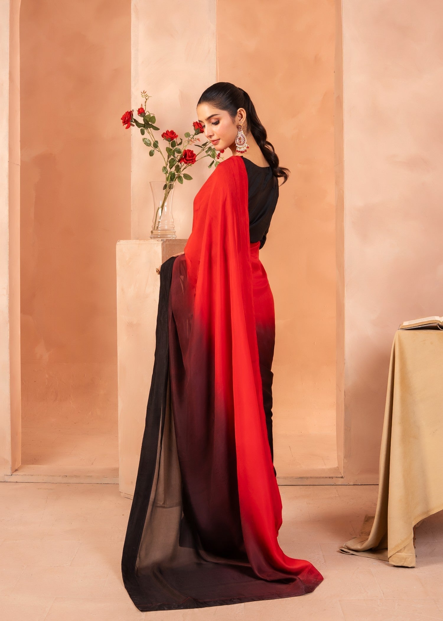 Tonics Clothing Ombre saree | Deep red to Black Women 3pcs