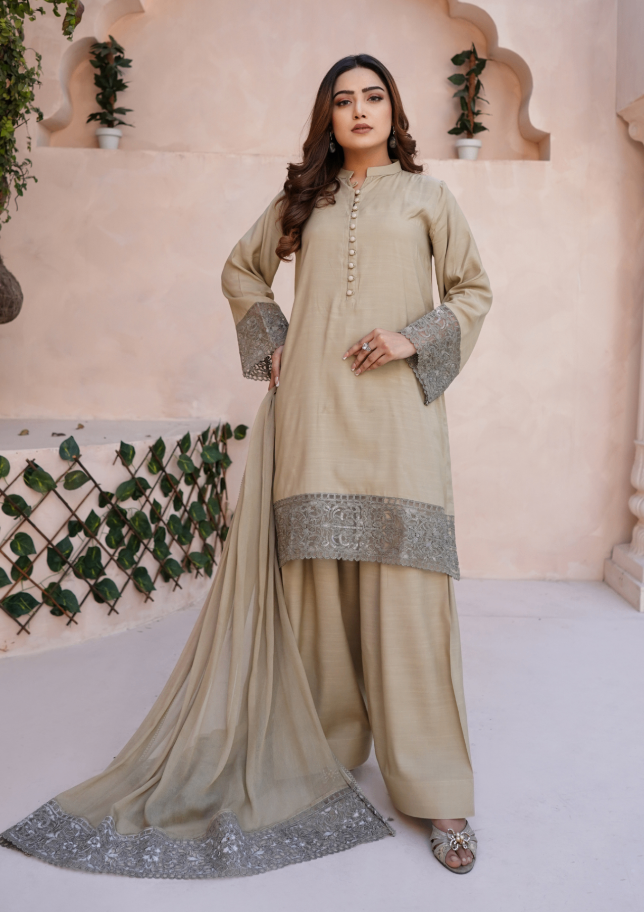 Yolo Pret Embroidered Raw Silk with Farshi Shalwar with Chiffon Embroidered Bordered Dupatta JASHAN S25 0040 Women 3pcs