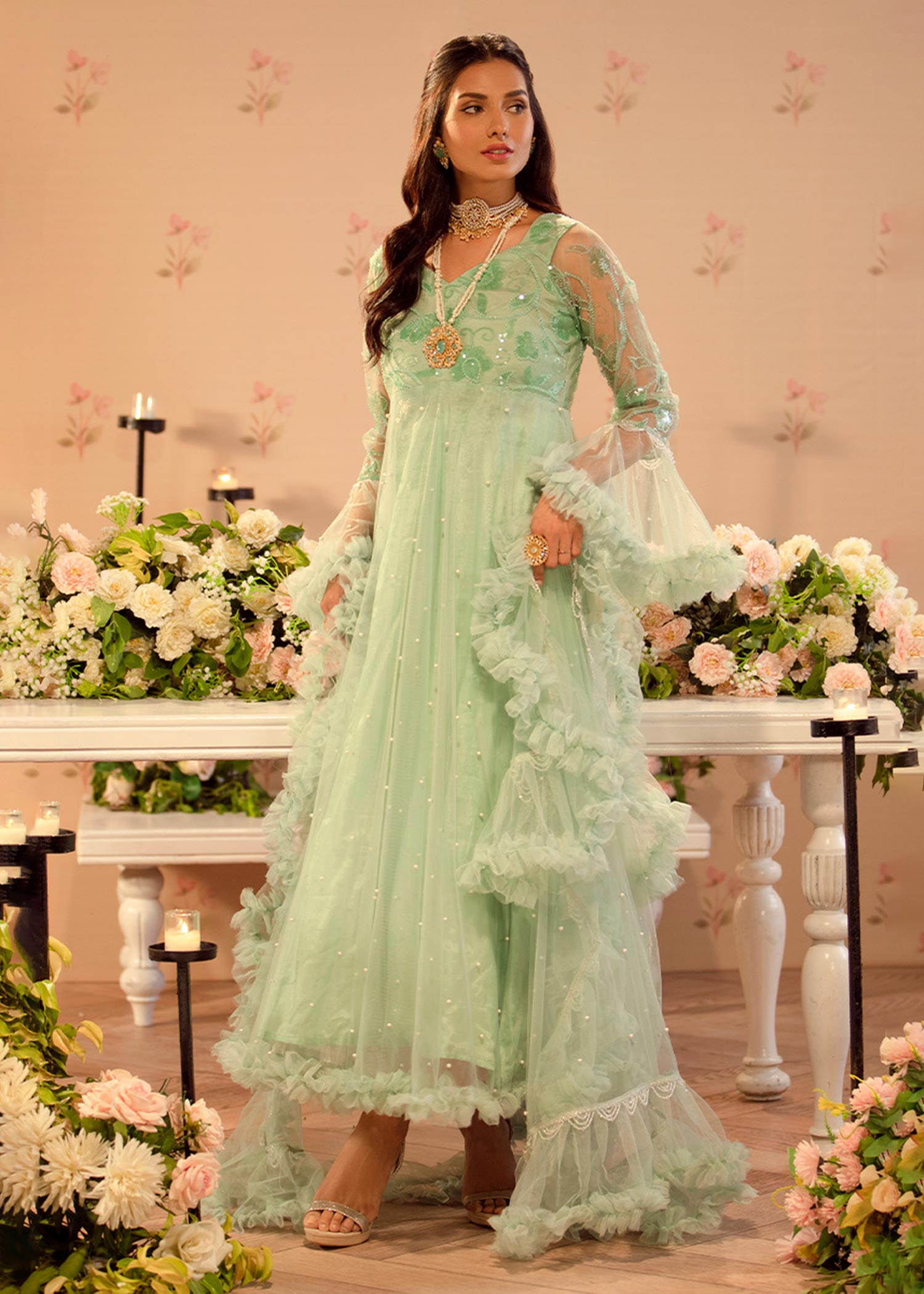 Chicophicial Mint Green Frill Pishwas Women 3pcs