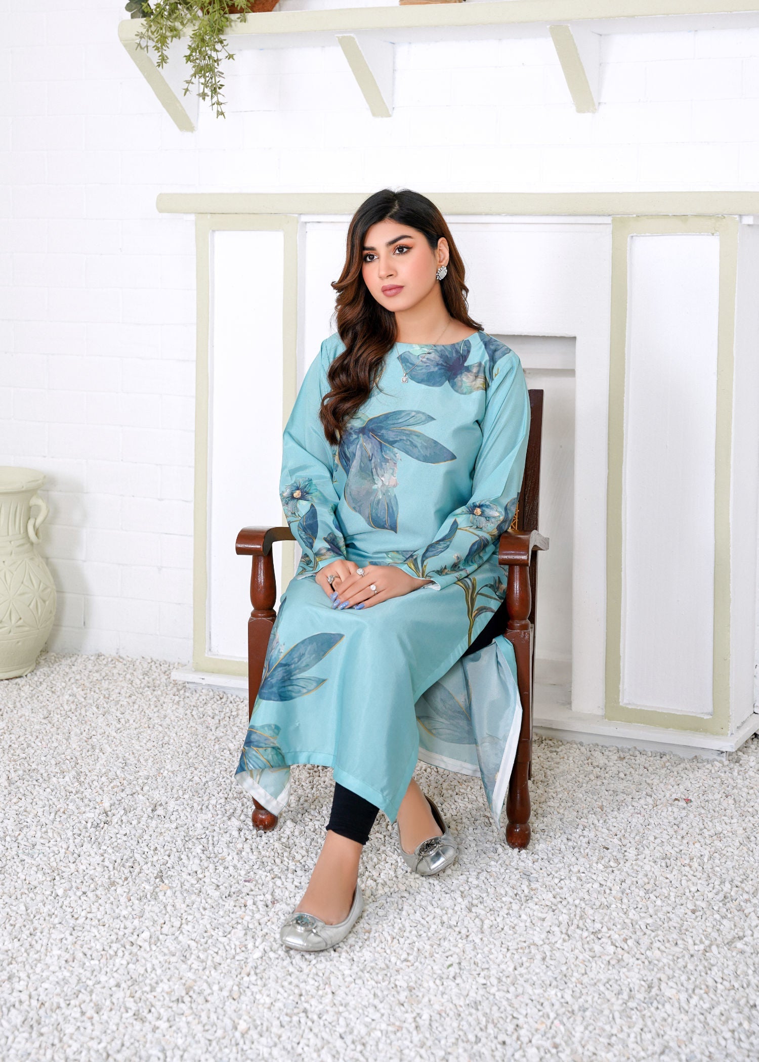 Athena Apparels Jada: Pacific Blue Color Long Shirt With A Touch Of Flower 387 Women 1pcs