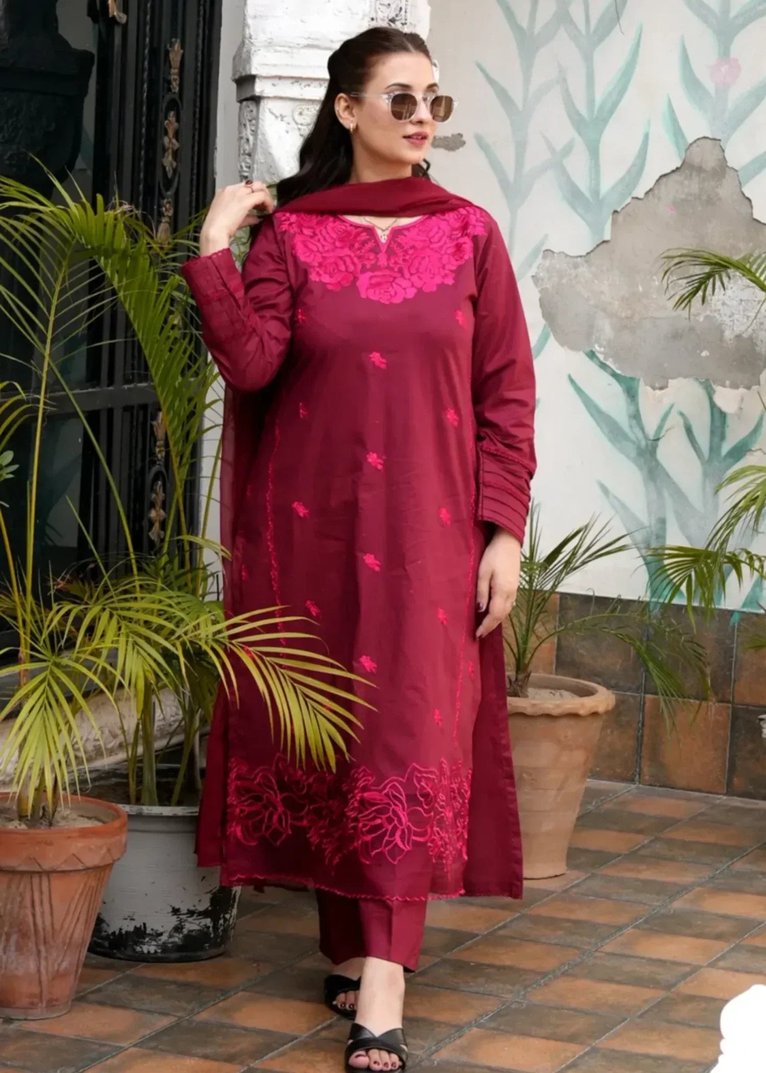 OR COUTURE BY RAMSHA OBAID Embroidered Maroon Lawn Set Women 3pcs