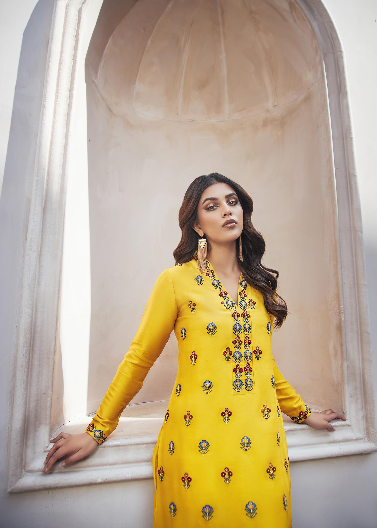 Dureshahwar Atelier Mustard Yellow Long Shirt Women 2pcs