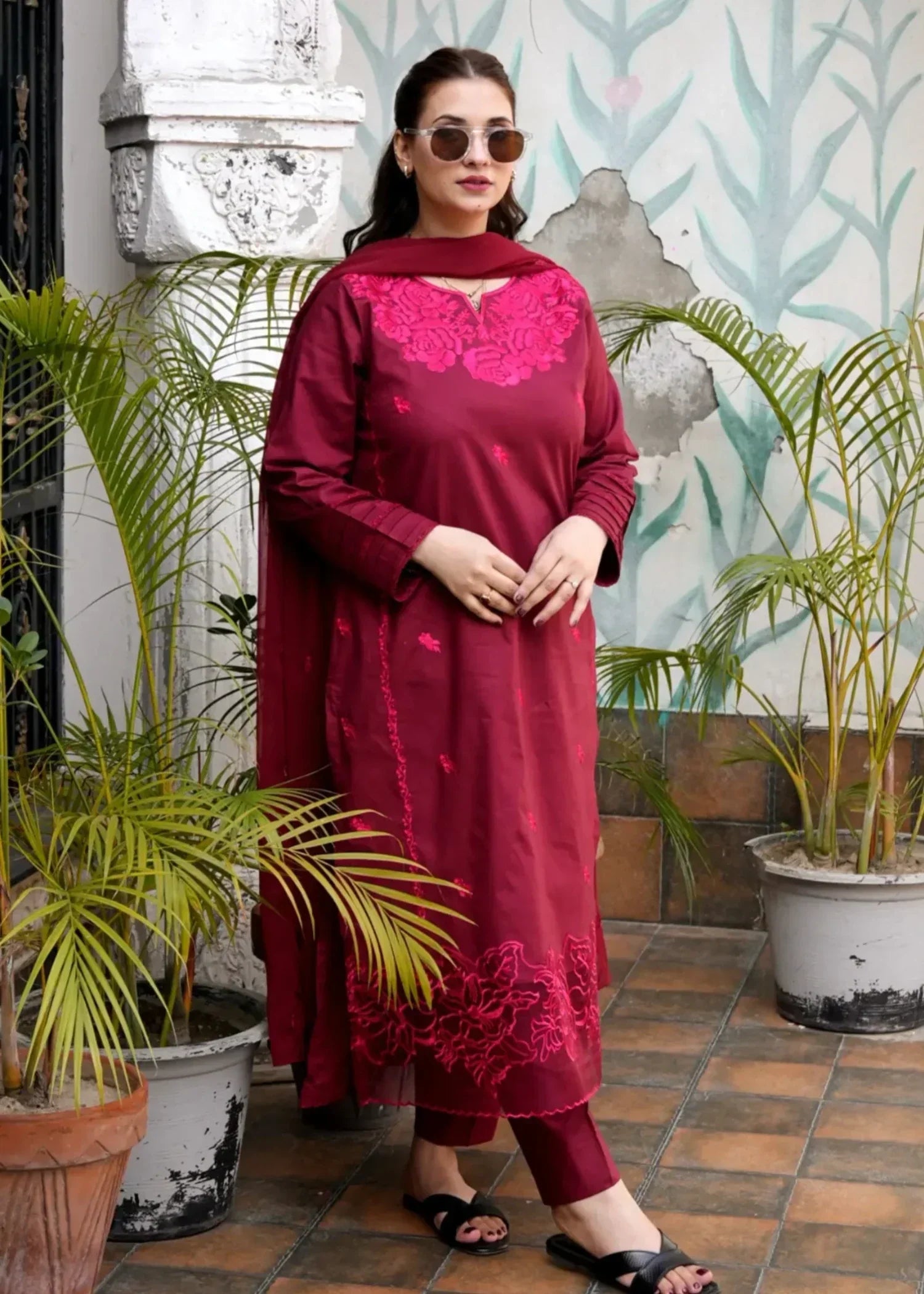 OR COUTURE BY RAMSHA OBAID Embroidered Maroon Lawn Set Women 3pcs