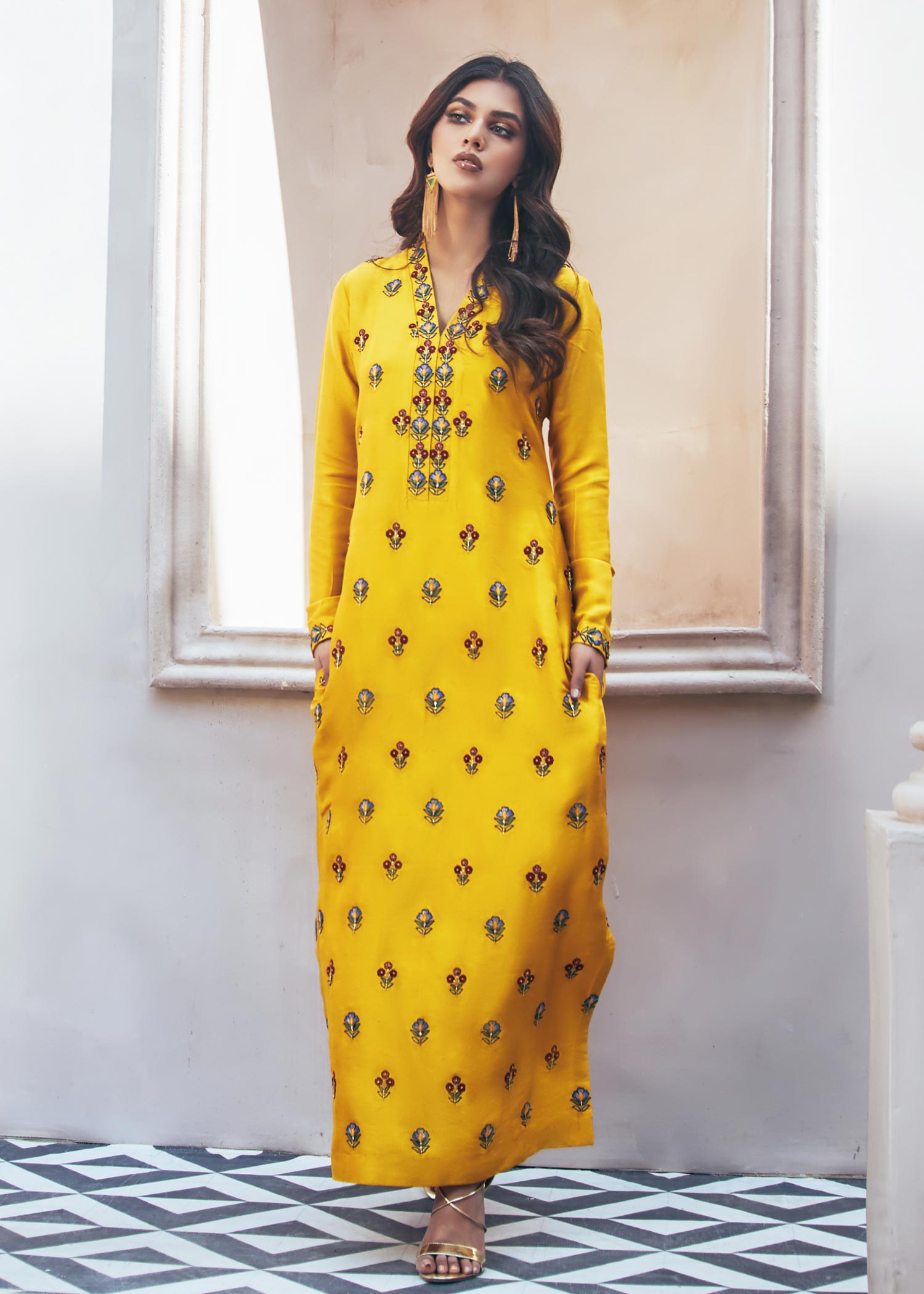 Dureshahwar Atelier Mustard Yellow Long Shirt Women 2pcs