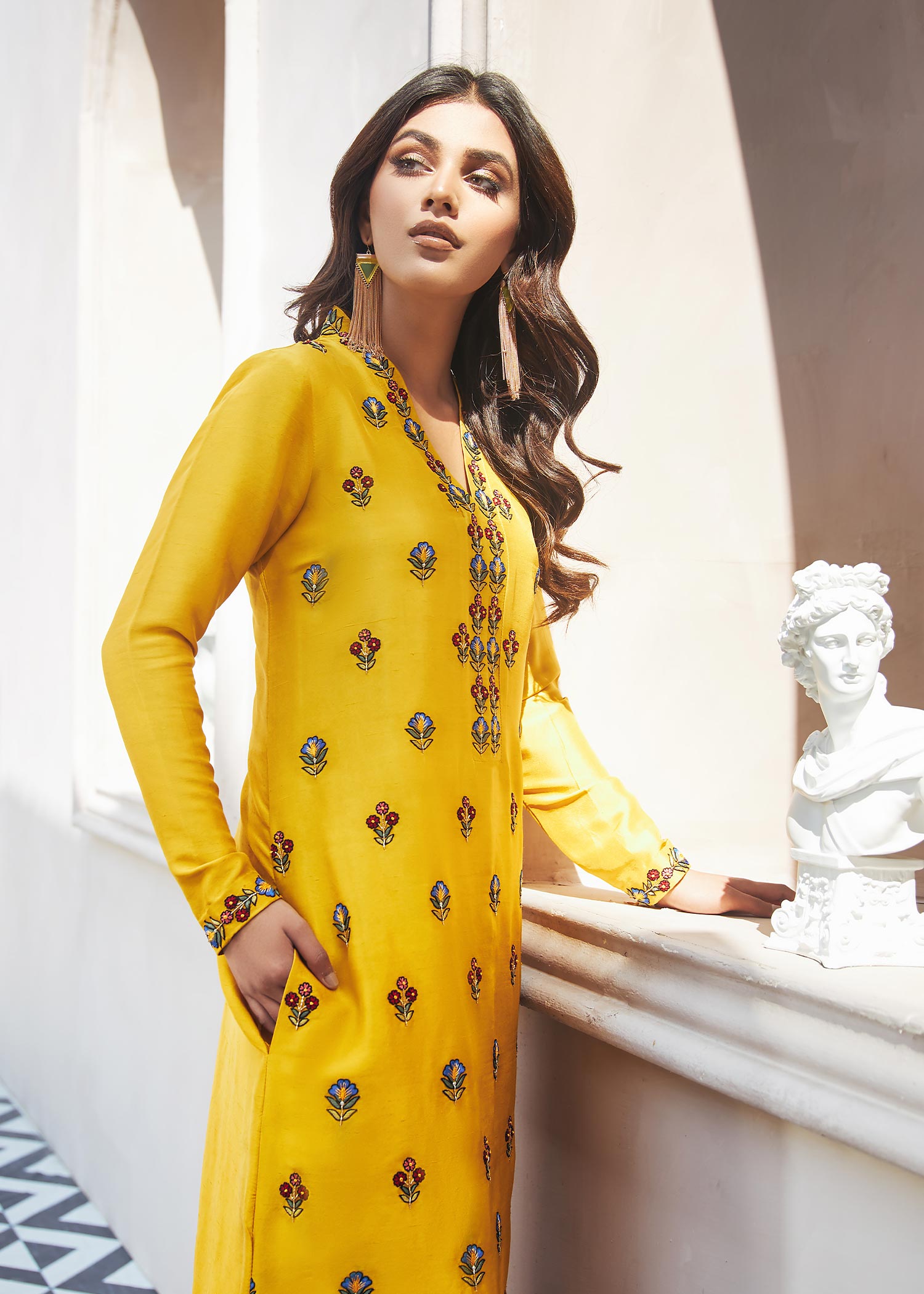 Dureshahwar Atelier Mustard Yellow Long Shirt Women 2pcs