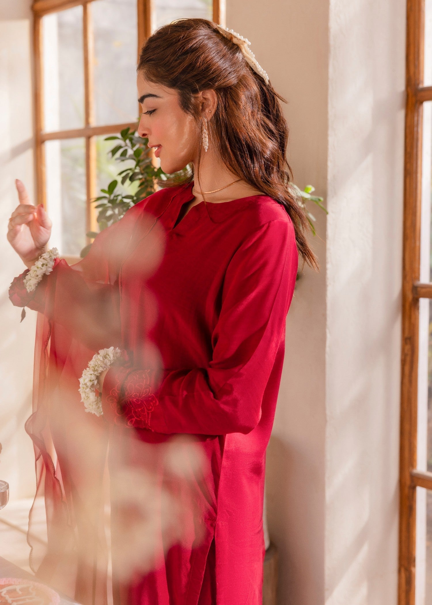 Edowlark Maroon Embroidered Raw Silk Suit Women 4pcs