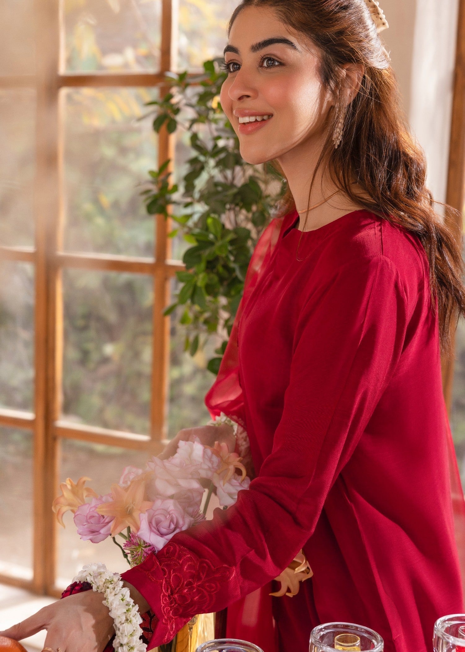 Edowlark Maroon Embroidered Raw Silk Suit Women 4pcs