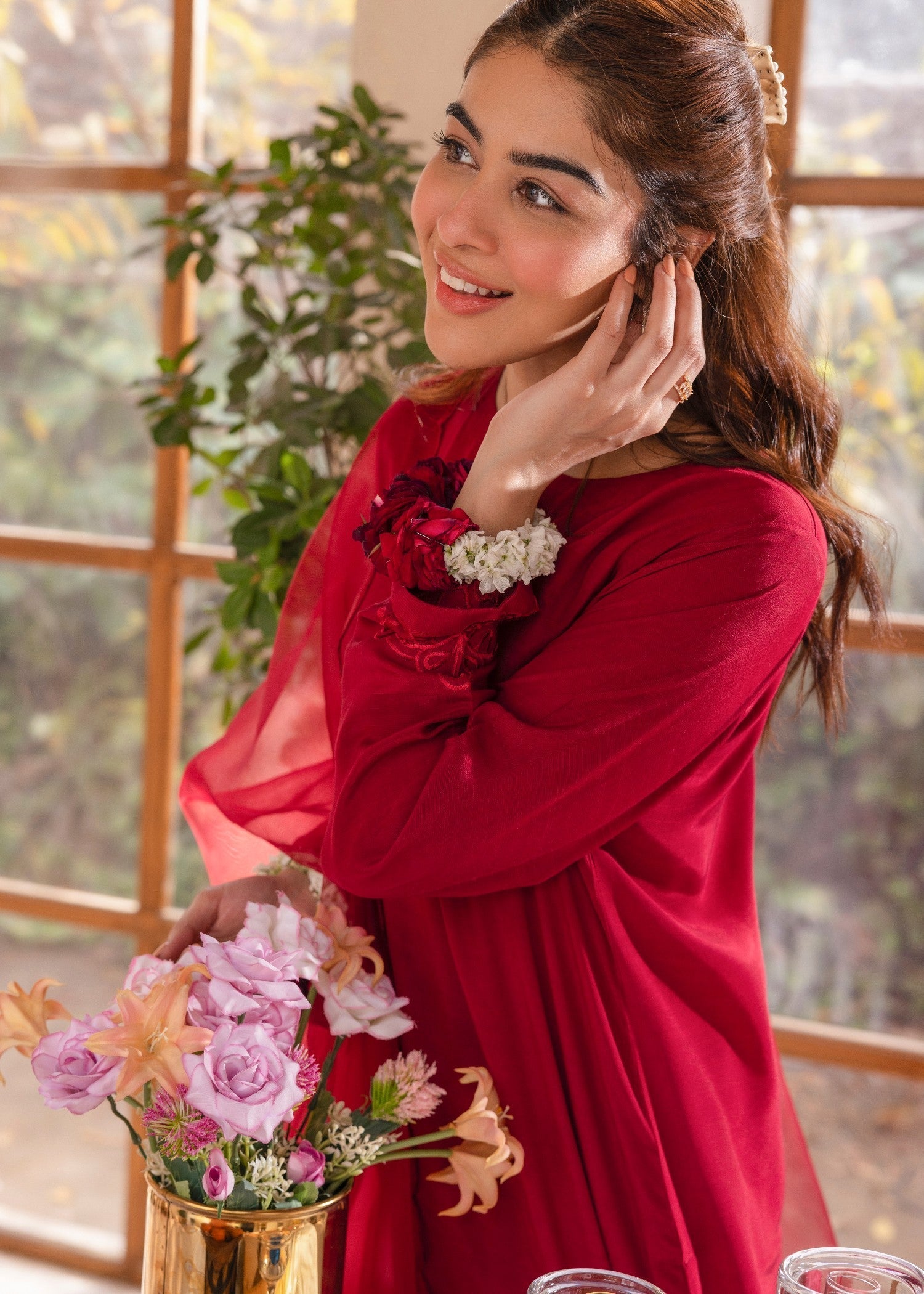 Edowlark Maroon Embroidered Raw Silk Suit Women 4pcs