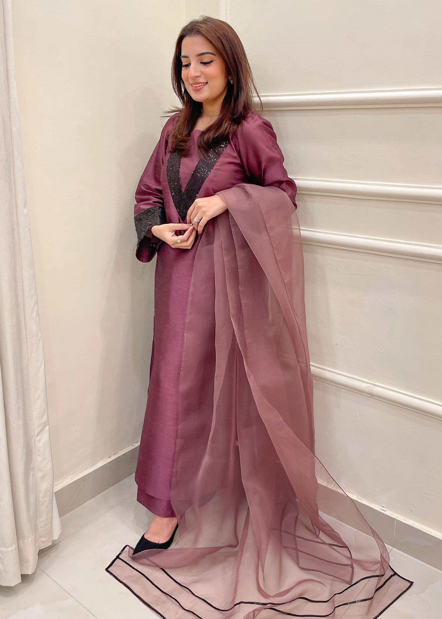 Naaz Couture Plum Embroidered Raw Silk Suit Women 3pcs