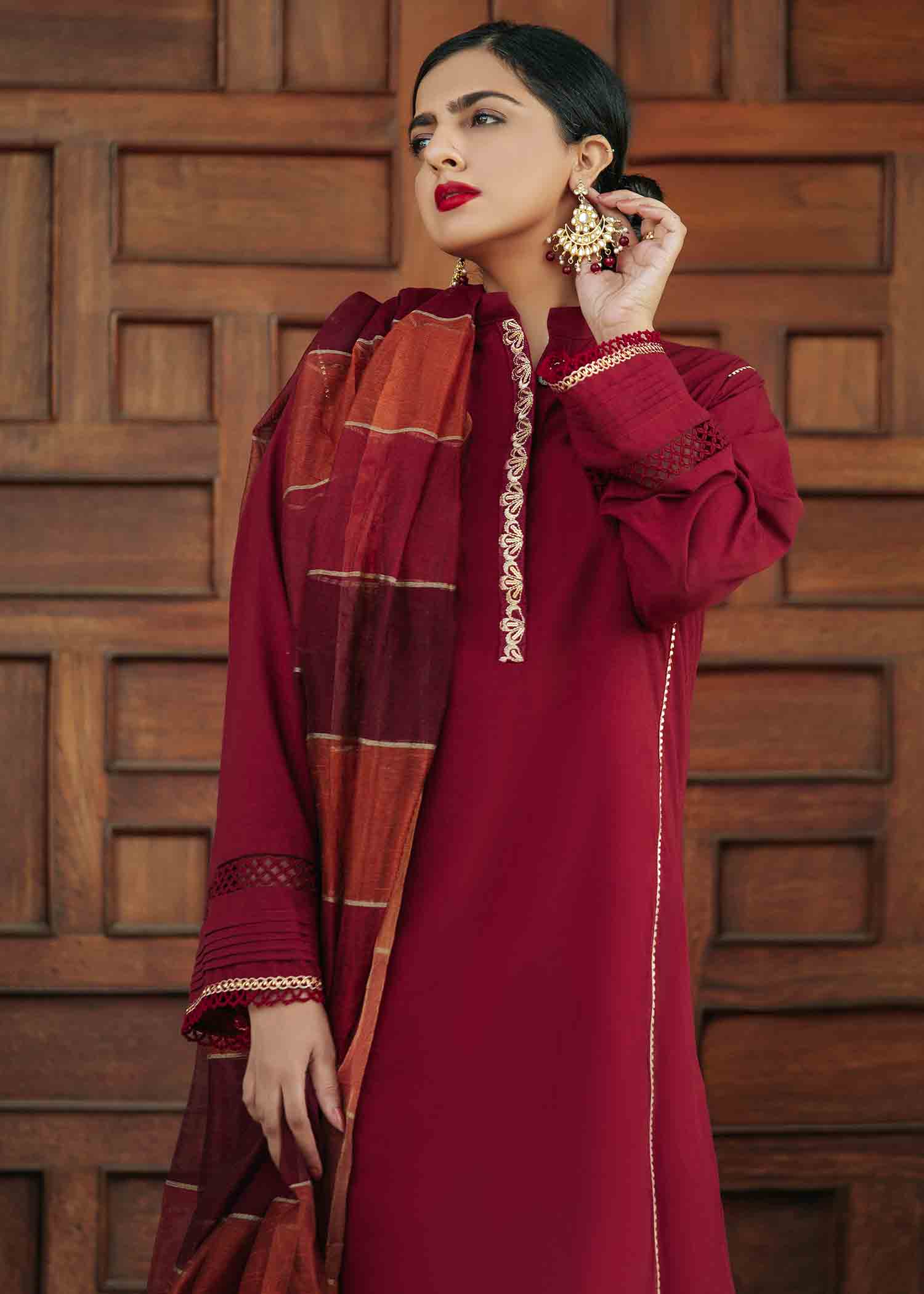 Nuqsh NRA 007 Maroon Kurta, Straight Pants & Maroon and Rust Dupatta Women 3pcs
