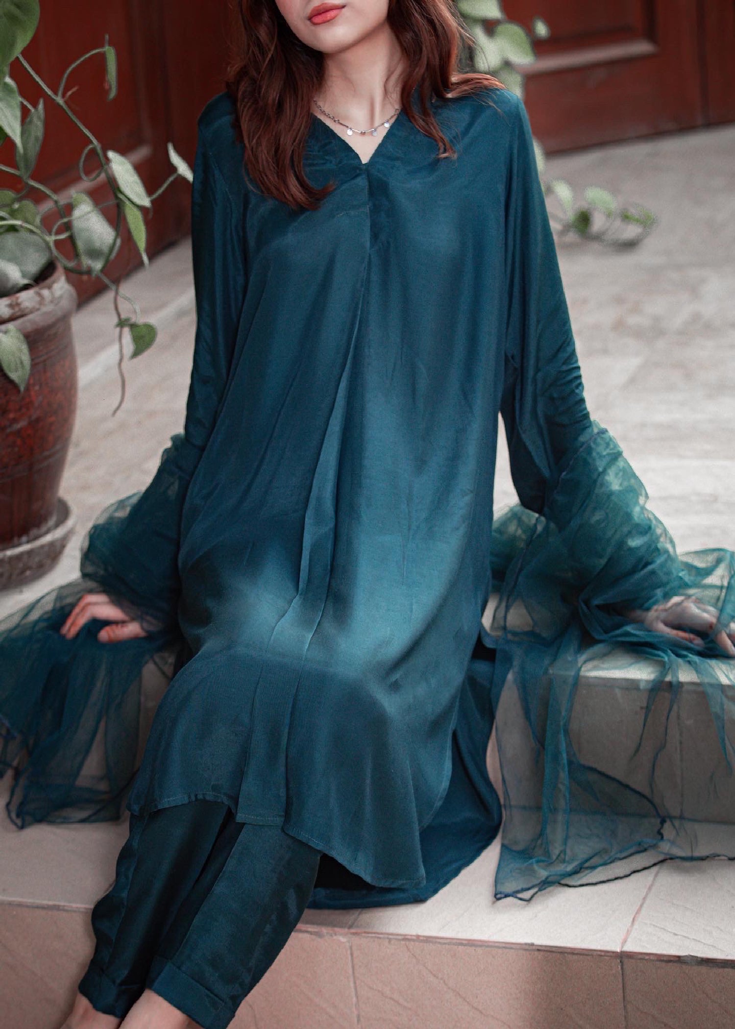 Zauk Teal Blue Three Piece Dress Women 3pcs