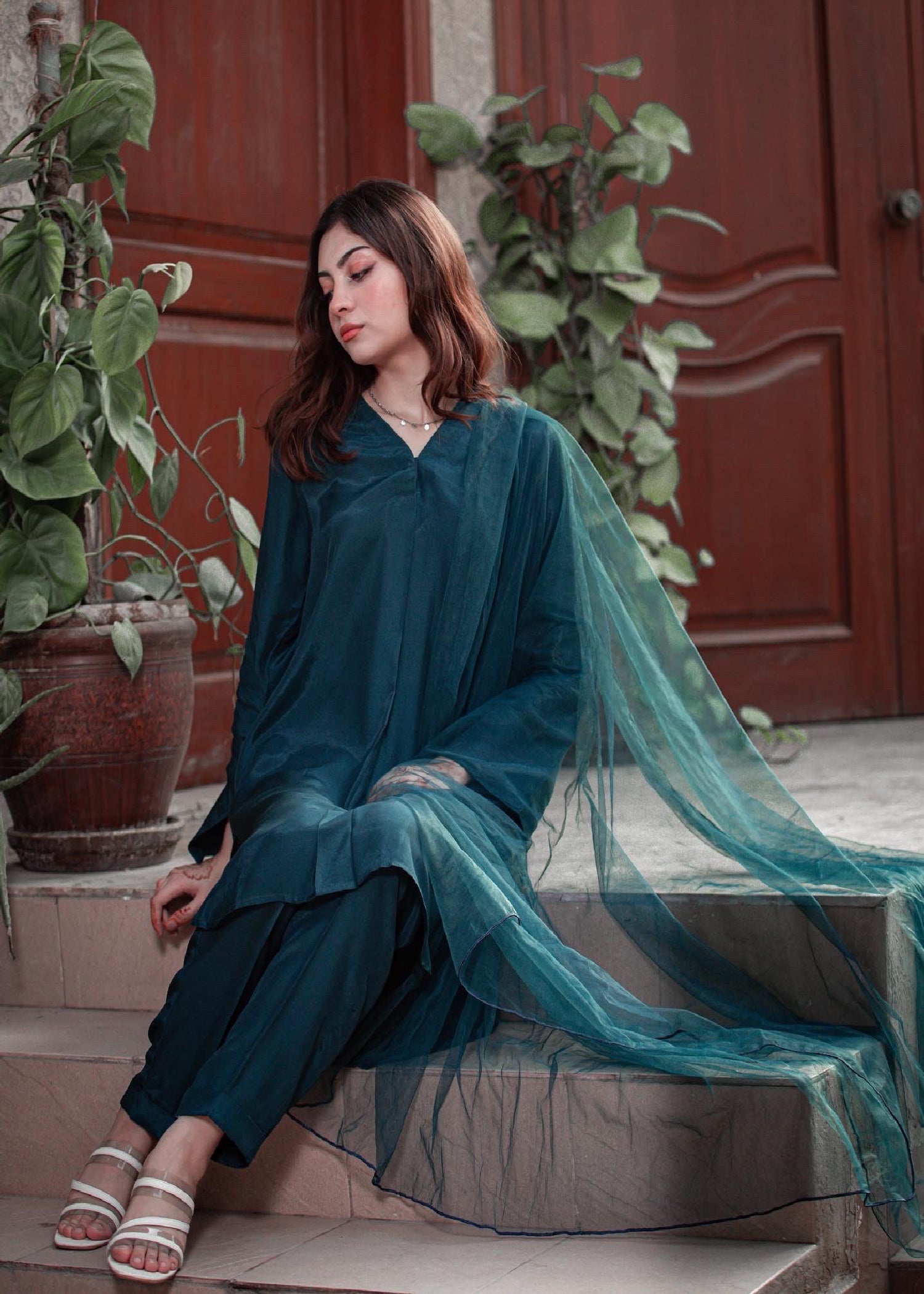 Zauk Teal Blue Three Piece Dress Women 3pcs