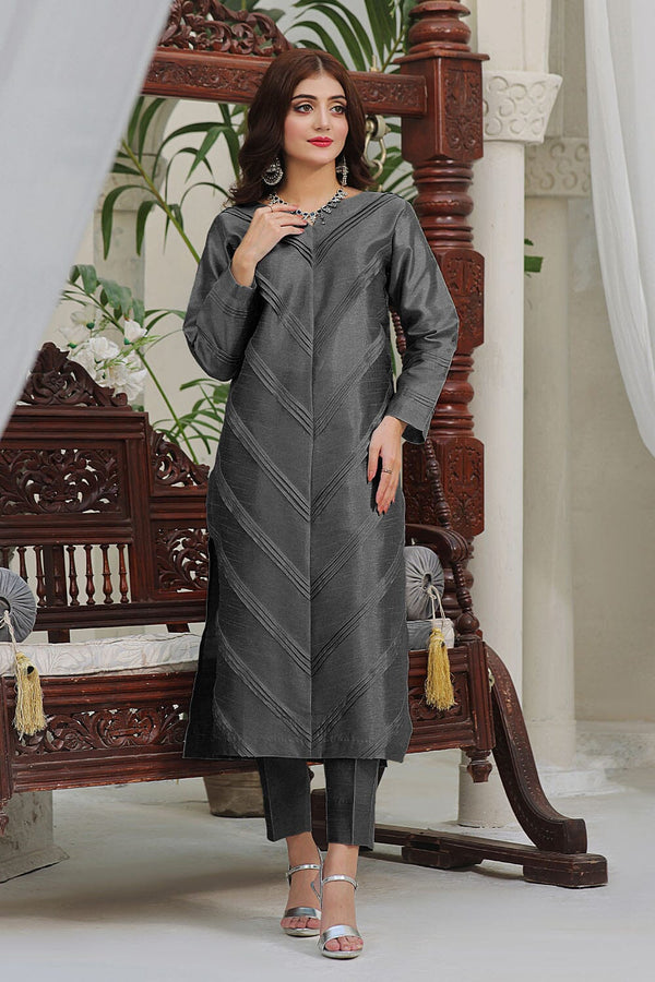 Khas Stitched Silk Shirt & Trouser Dark Grey KFS 2370