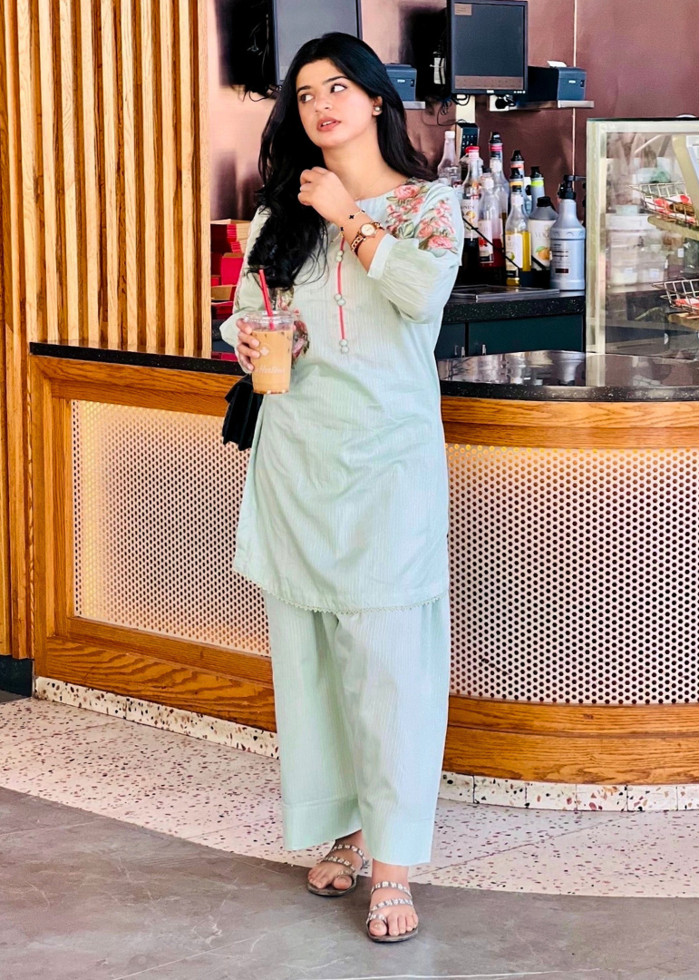 Haya'S Creation Embroidered Pistachio Green Doria Lawn Dress with Farshi Shalwar Women 2pcs