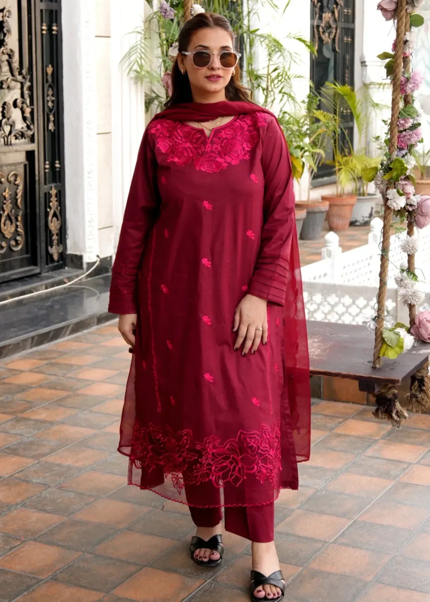 OR COUTURE BY RAMSHA OBAID Embroidered Maroon Lawn Set Women 3pcs