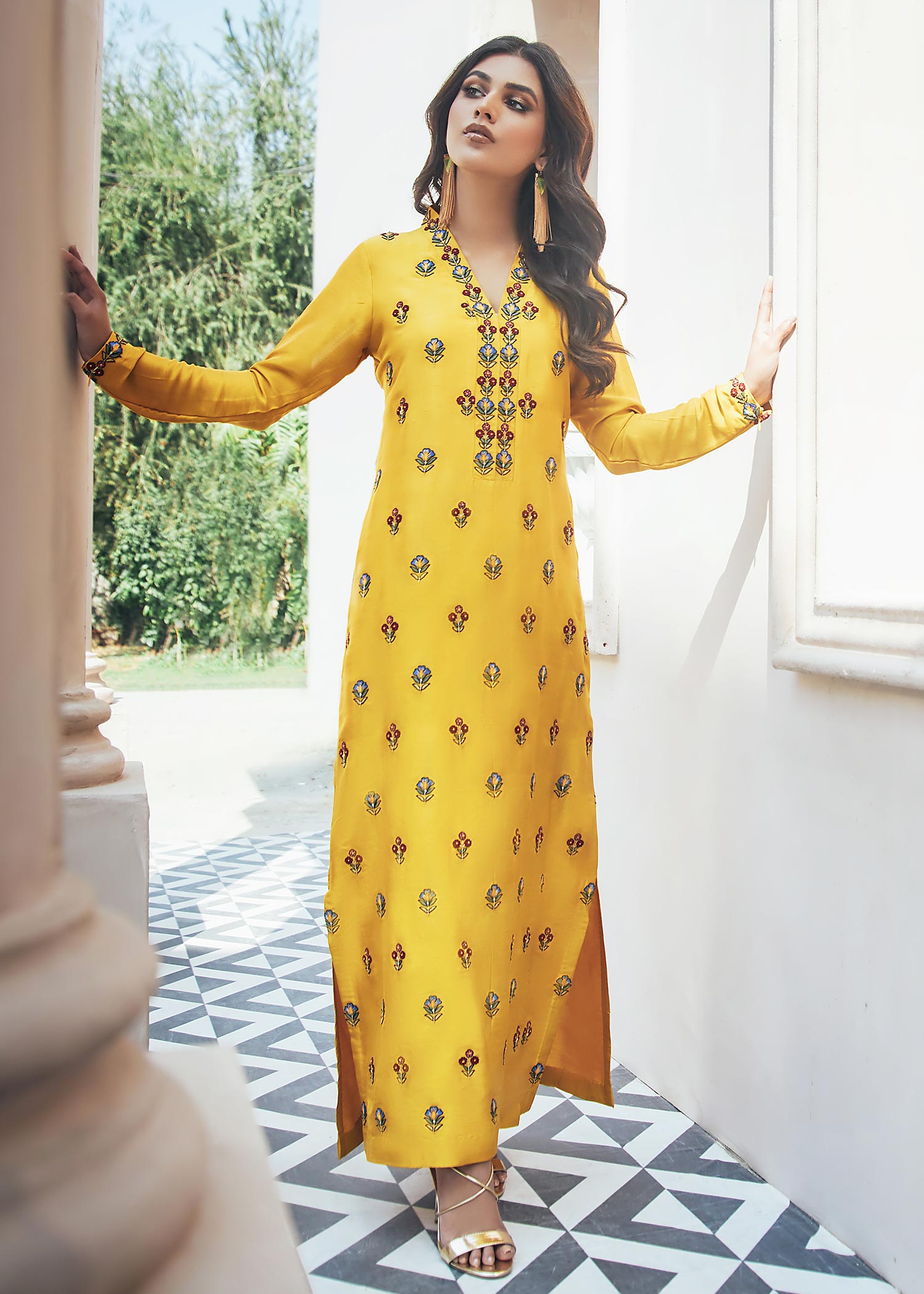 Dureshahwar Atelier Mustard Yellow Long Shirt Women 2pcs