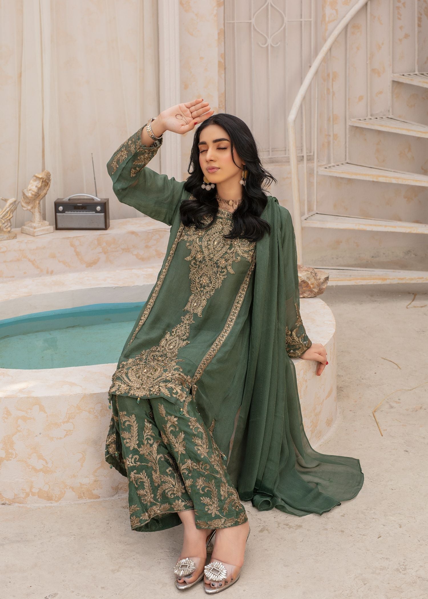 Pehnawa By Bin Akram’s TAIL TRESSURE GRN CHIFFON Women 3pcs