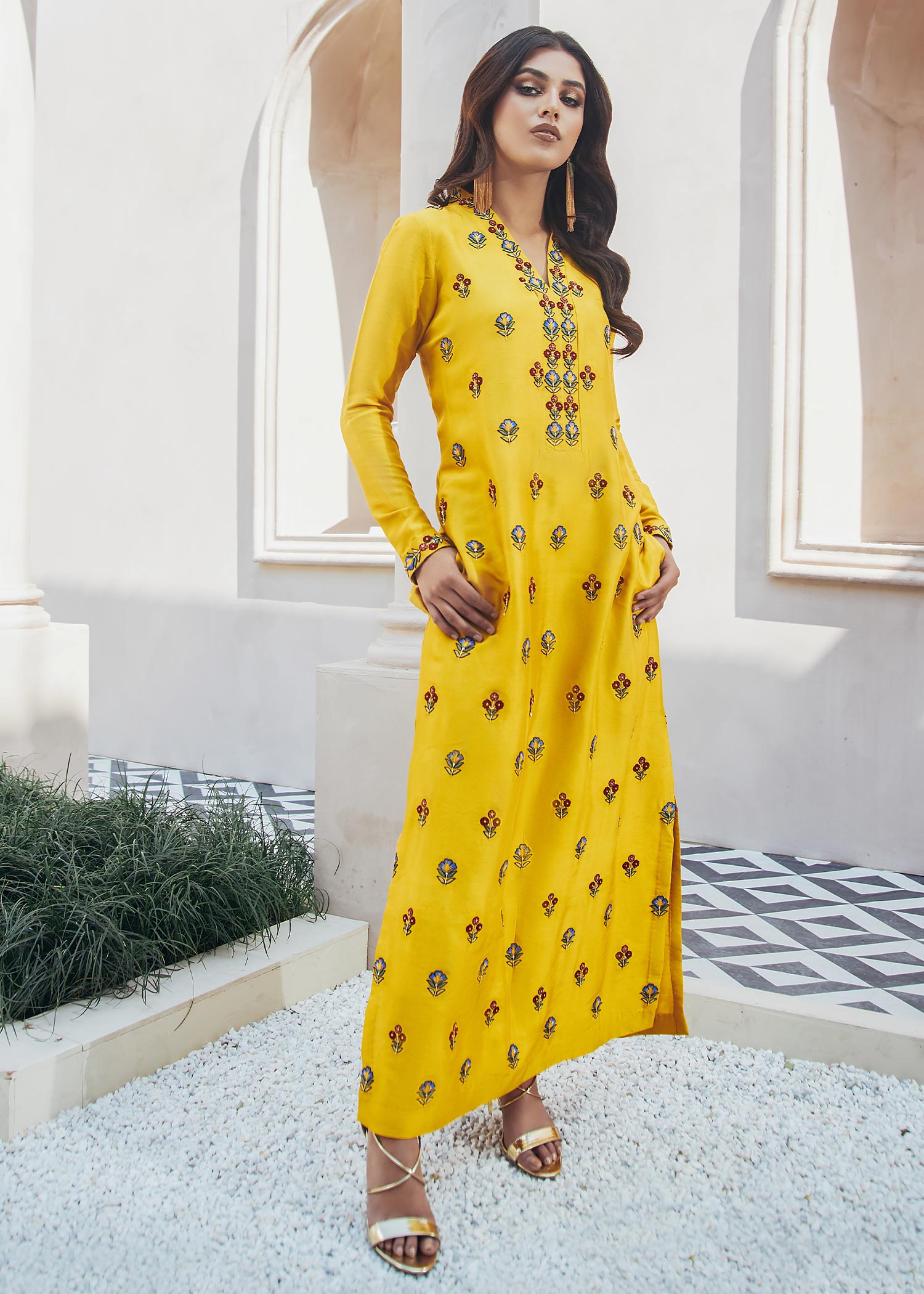 Dureshahwar Atelier Mustard Yellow Long Shirt Women 2pcs