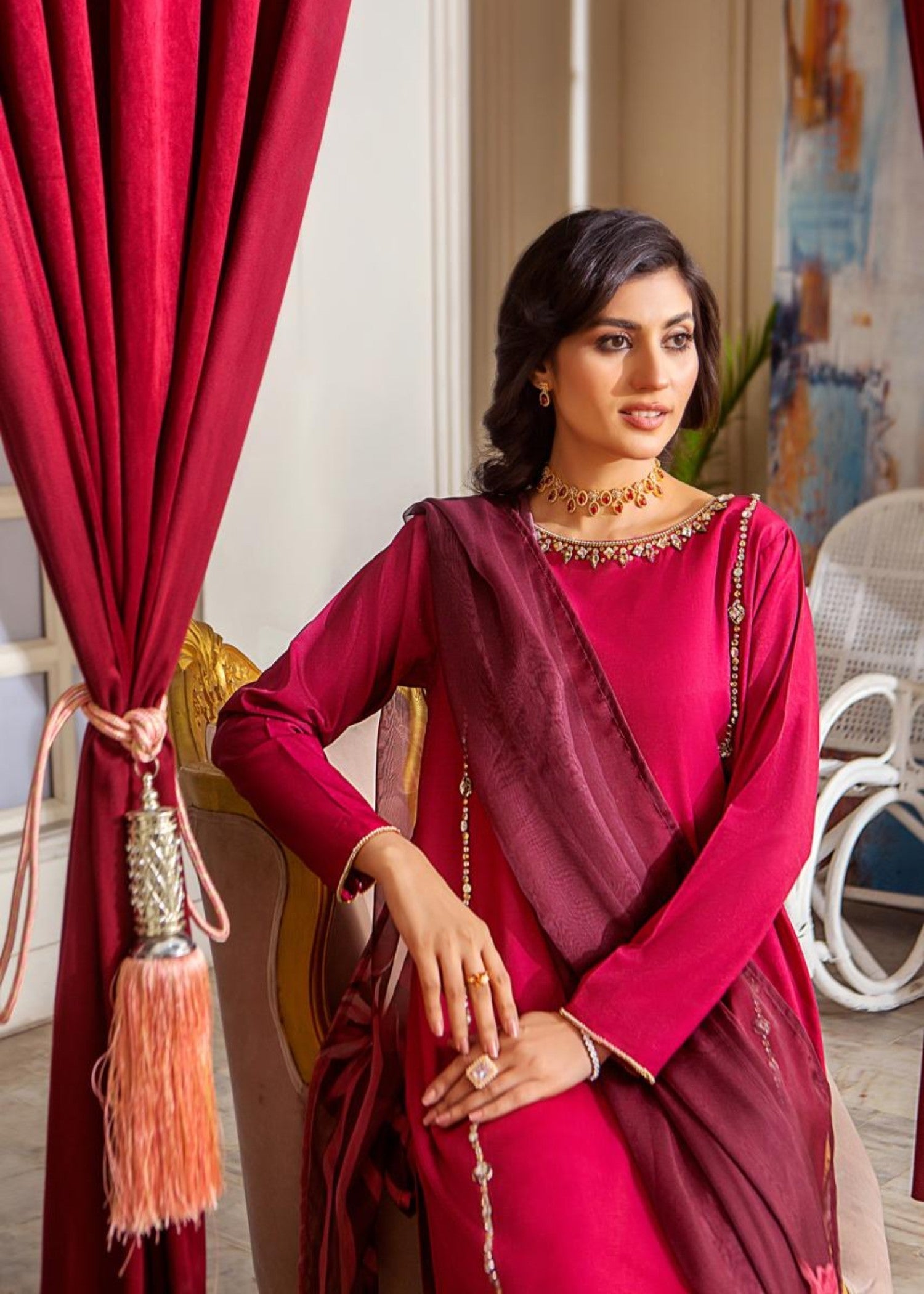 Alnuqat RED VINE Made In Crepe Fabric Women 3pcs