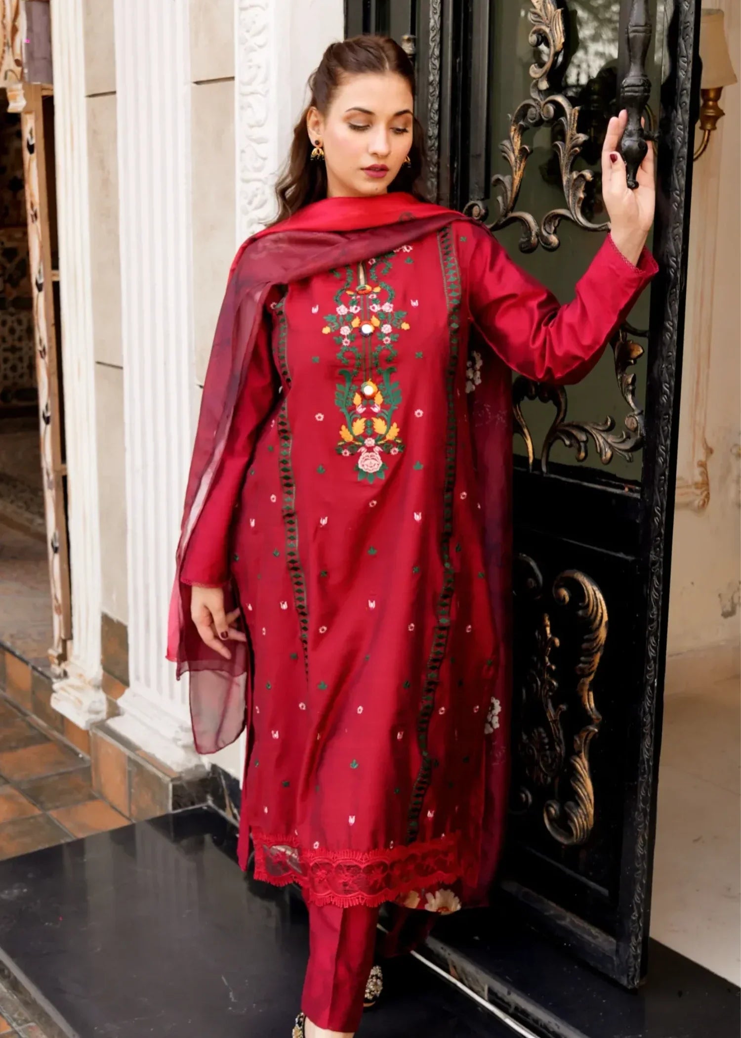 OR COUTURE BY RAMSHA OBAID Embroidered Rosemary Red Lawn SET Women 3pcs