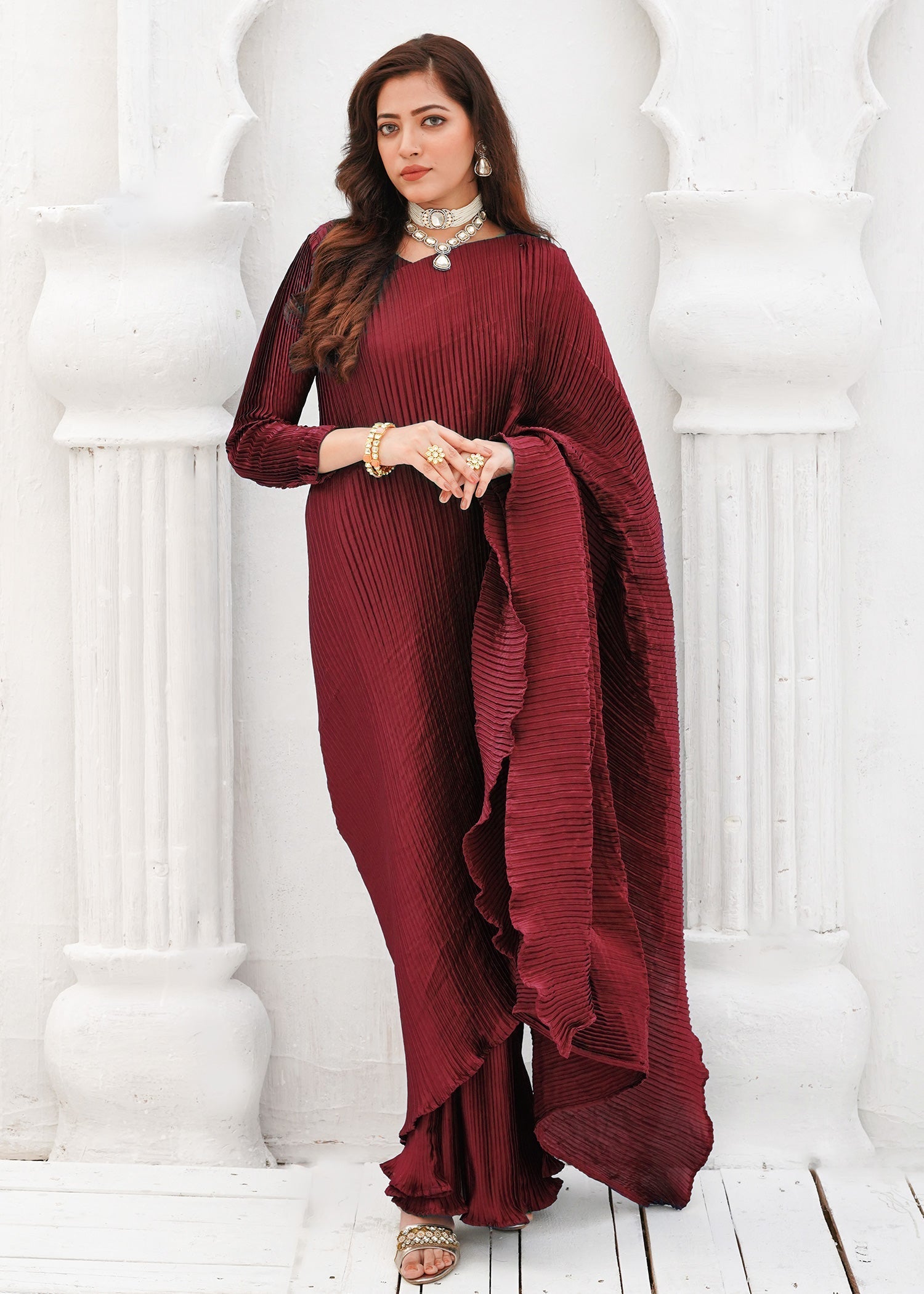 Zar Maroon Pleated Gown Saree Women 1pcs