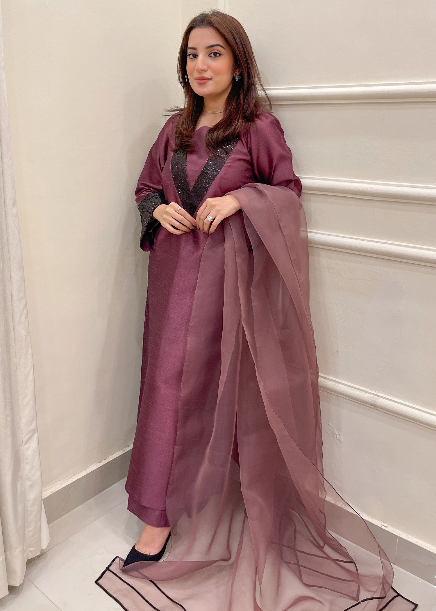 Naaz Couture Plum Embroidered Raw Silk Suit Women 3pcs