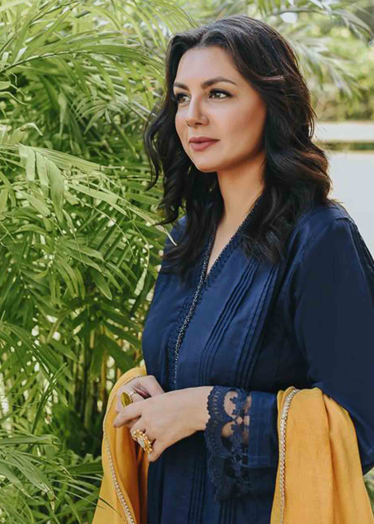 Nuqsh NRA 002 Navy Blue Kurta, White Straight Pants, Sunflower Yellow Dupatta Women