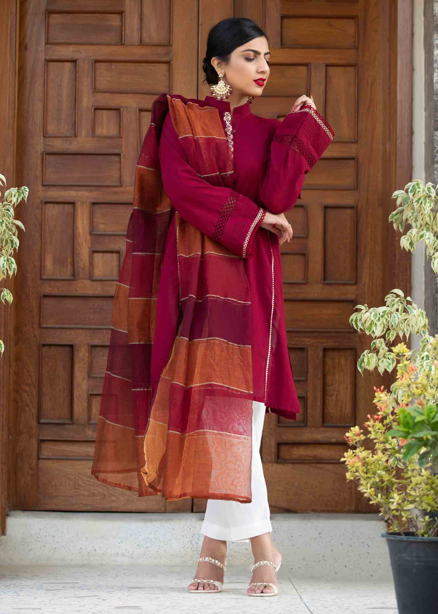 Nuqsh NRA 007 Maroon Kurta, Straight Pants & Maroon and Rust Dupatta Women 3pcs