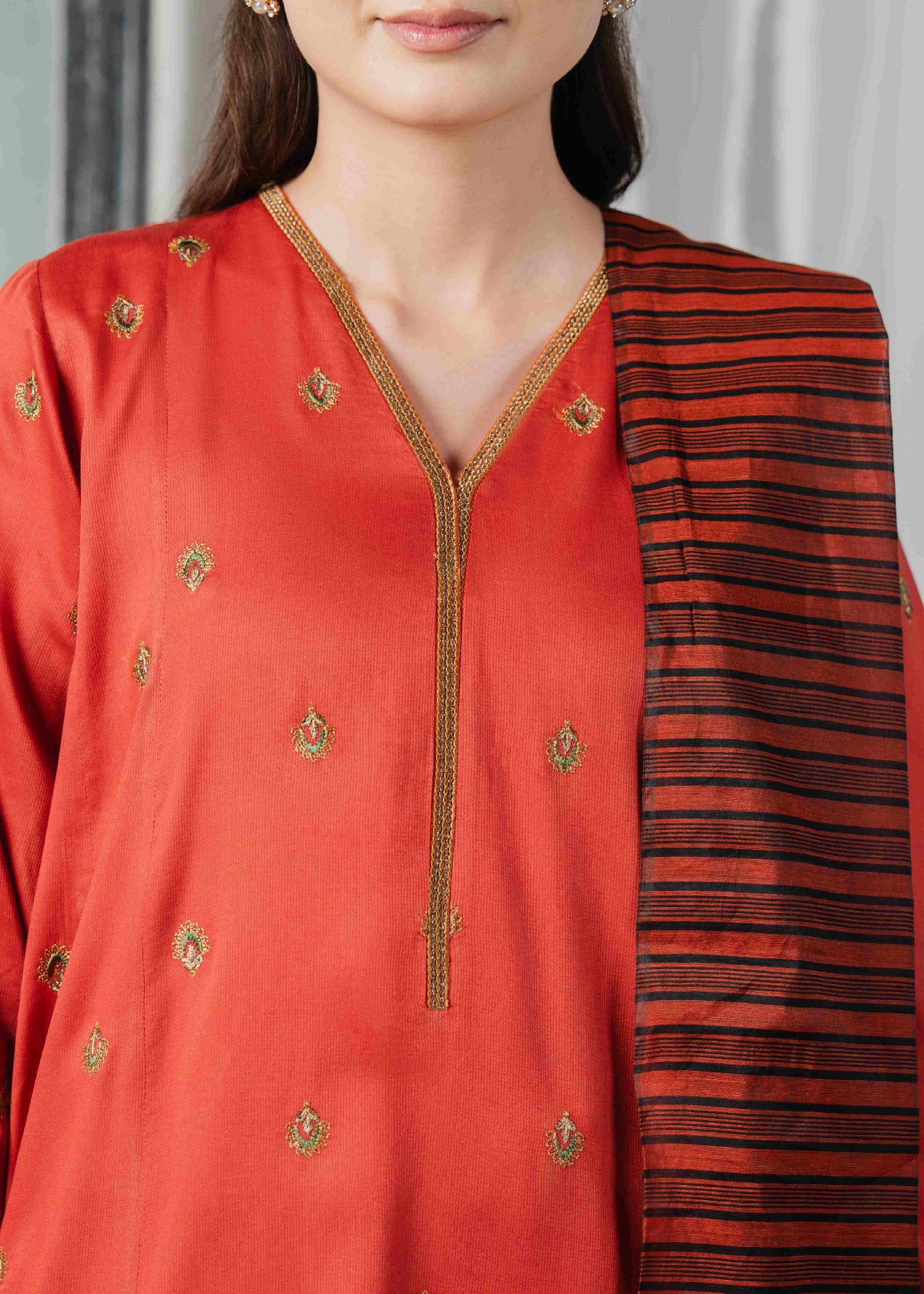 Buzzazi Rust Embroidered Suit Women 3pcs