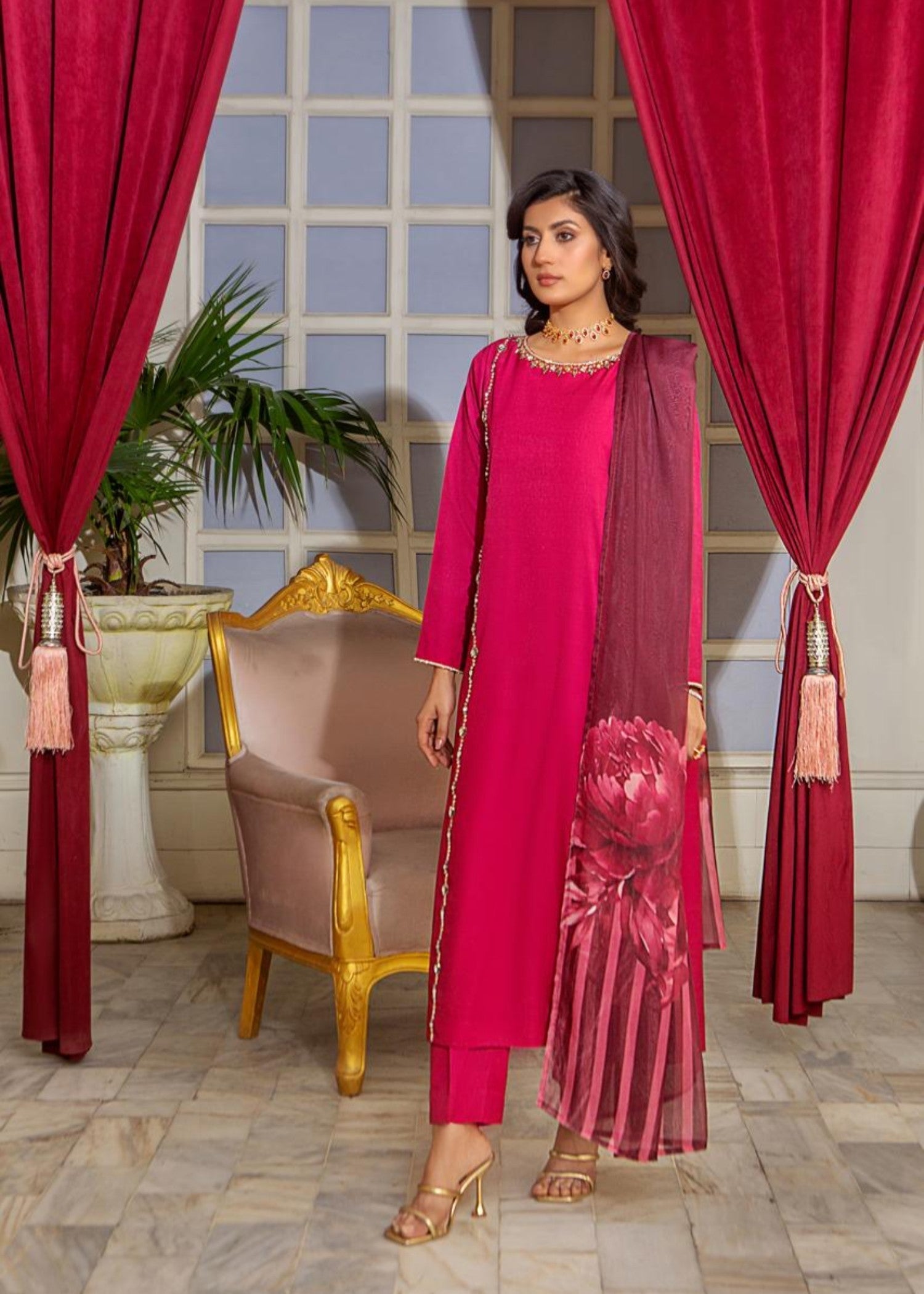 Alnuqat RED VINE Made In Crepe Fabric Women 3pcs