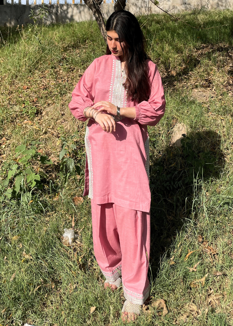 Haya'S Creation Embroidered Tea Pink Tarkashi Lawn with Farshi Shalwar Women 2pcs
