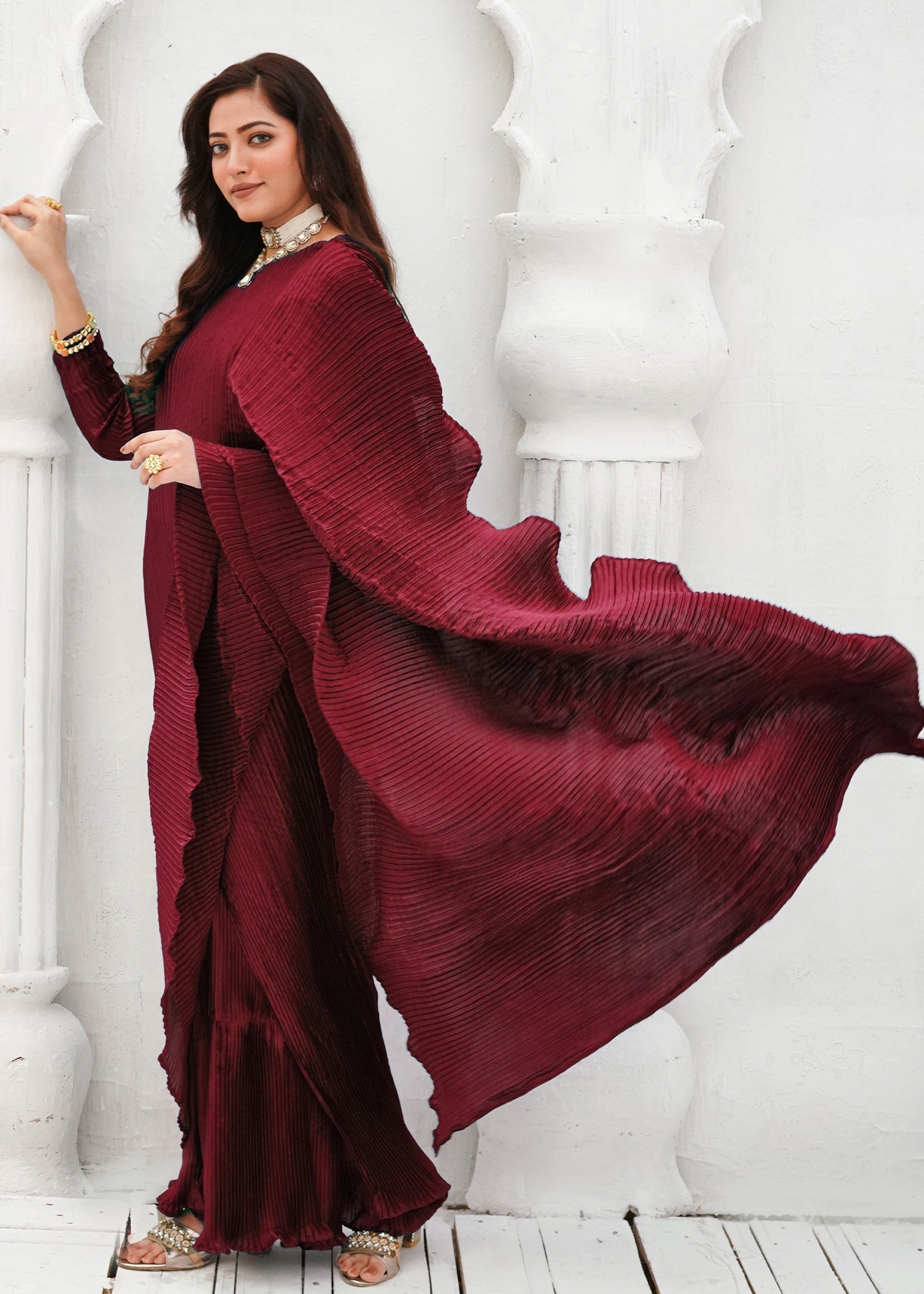 Zar Maroon Pleated Gown Saree Women 1pcs