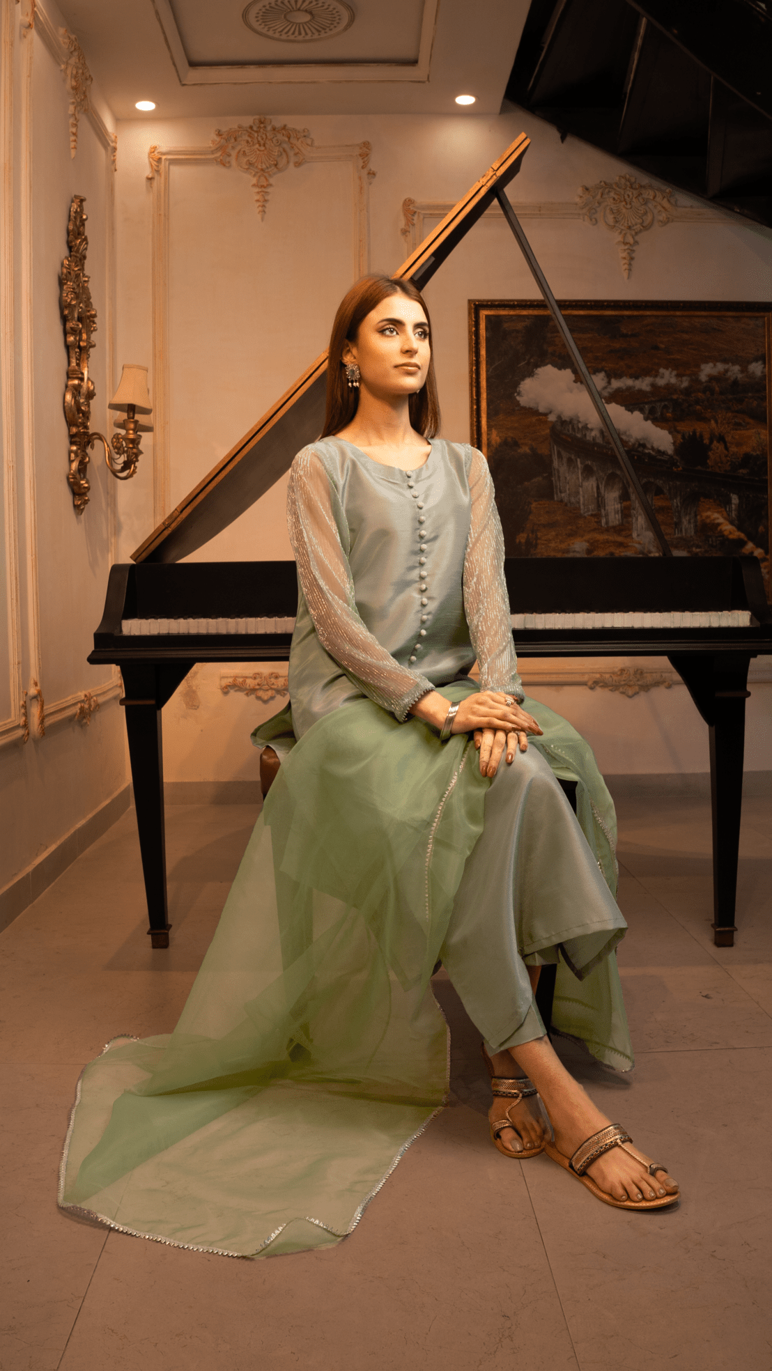 Naaz Couture Pistachio Green Raw Silk Suit Women 3pcs