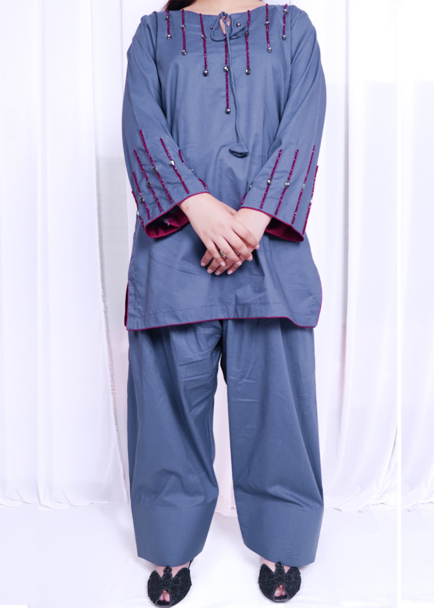 Pretbee Grey Handmade Stone Work Farshi Shalwar Set Women 2pcs