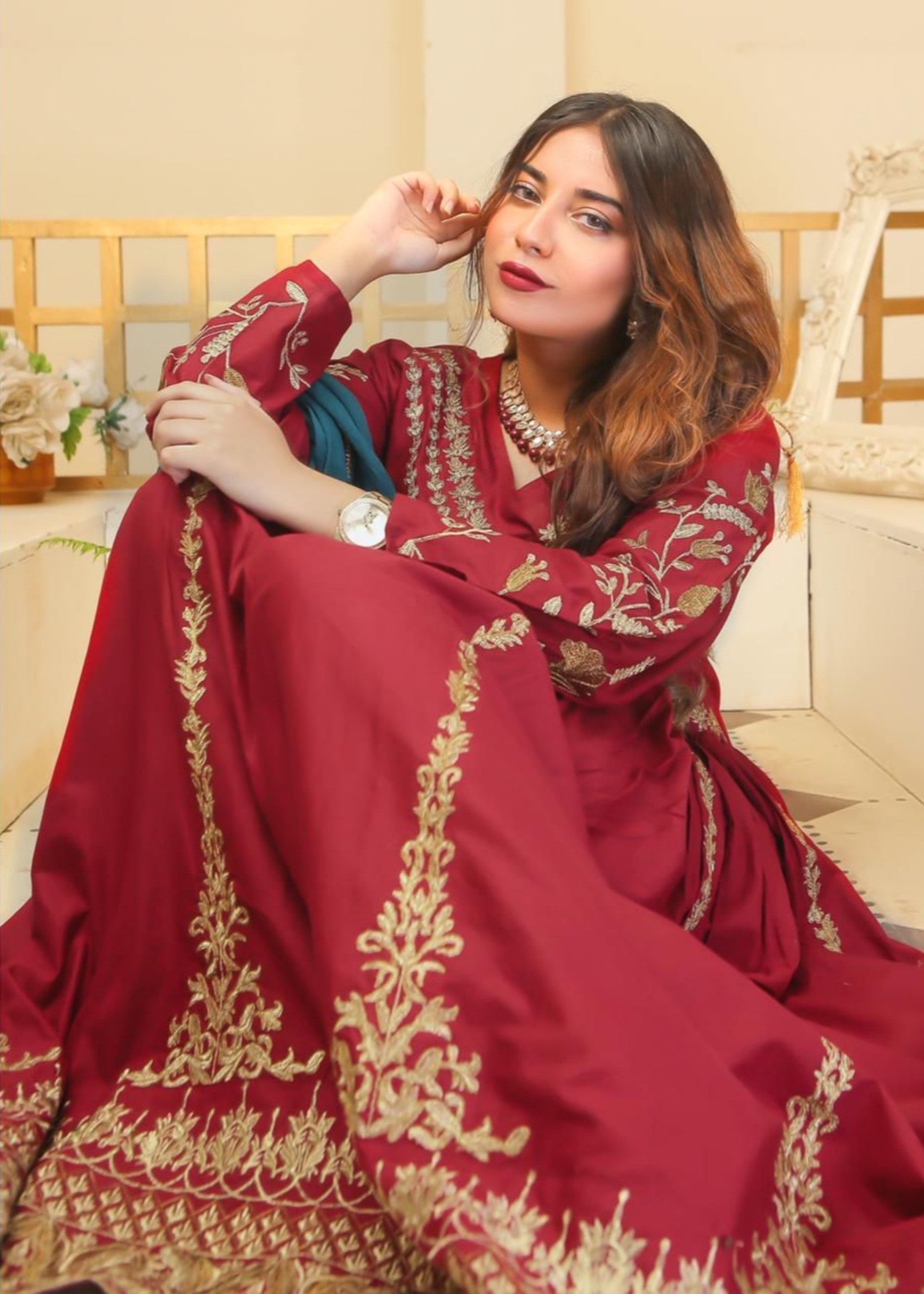 Akhrot Clothing Maroon Vintage Frock Women 2pcs