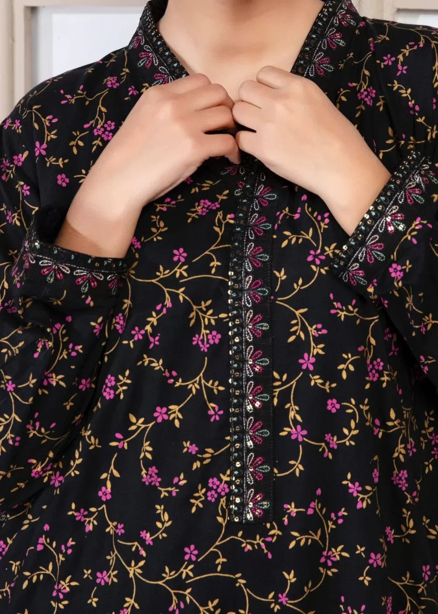 Sajfi Closet Black Rose Printed Stitched with Embroidered borders all over Women 2pcs